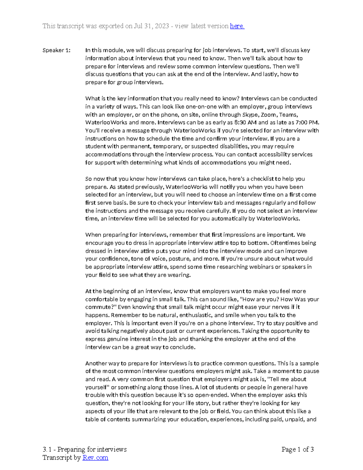 3.1 - Preparing for interviews - This transcript was exported on Jul 31 ...