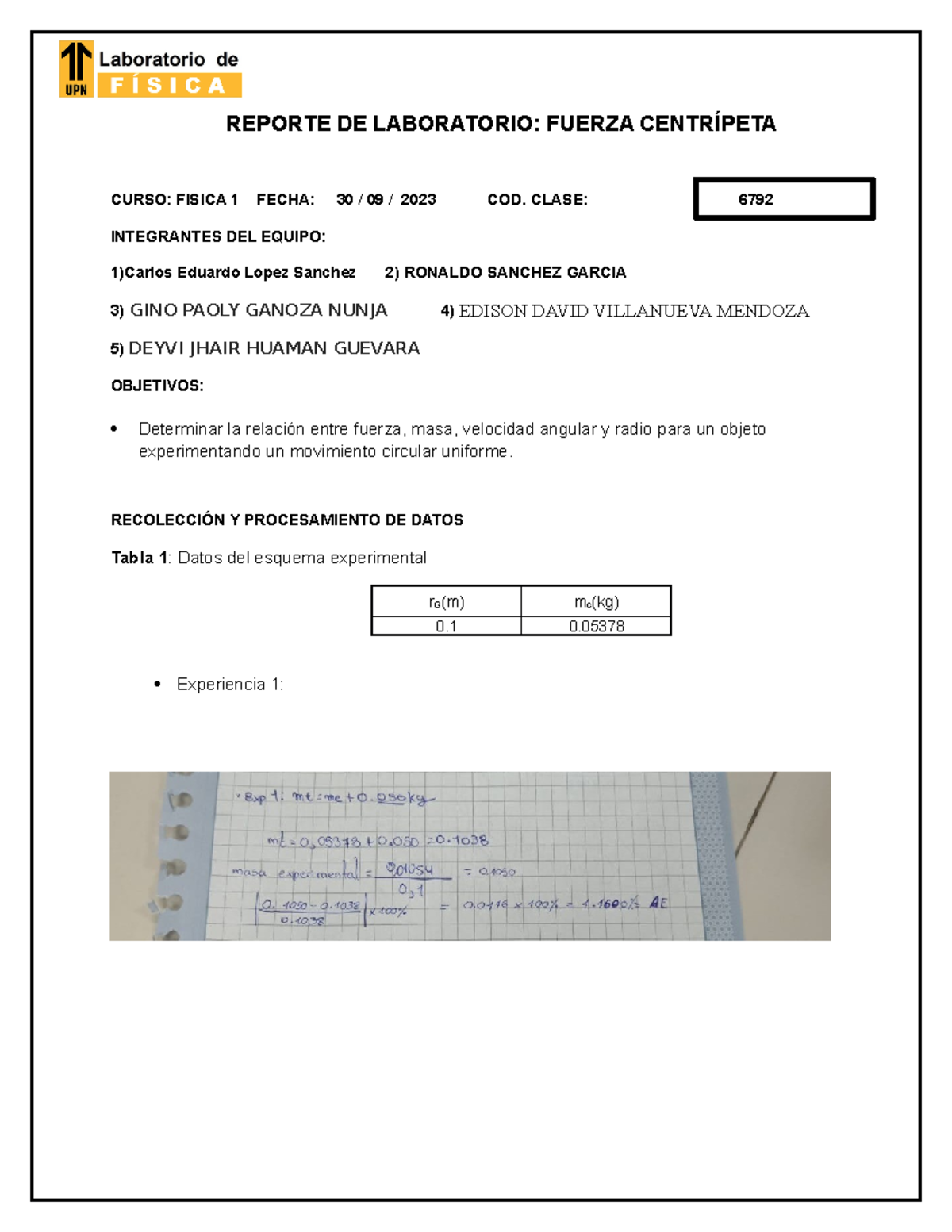 Reporte Lab Fisi1 S07 Fc Actualizado Reporte De Laboratorio Fuerza