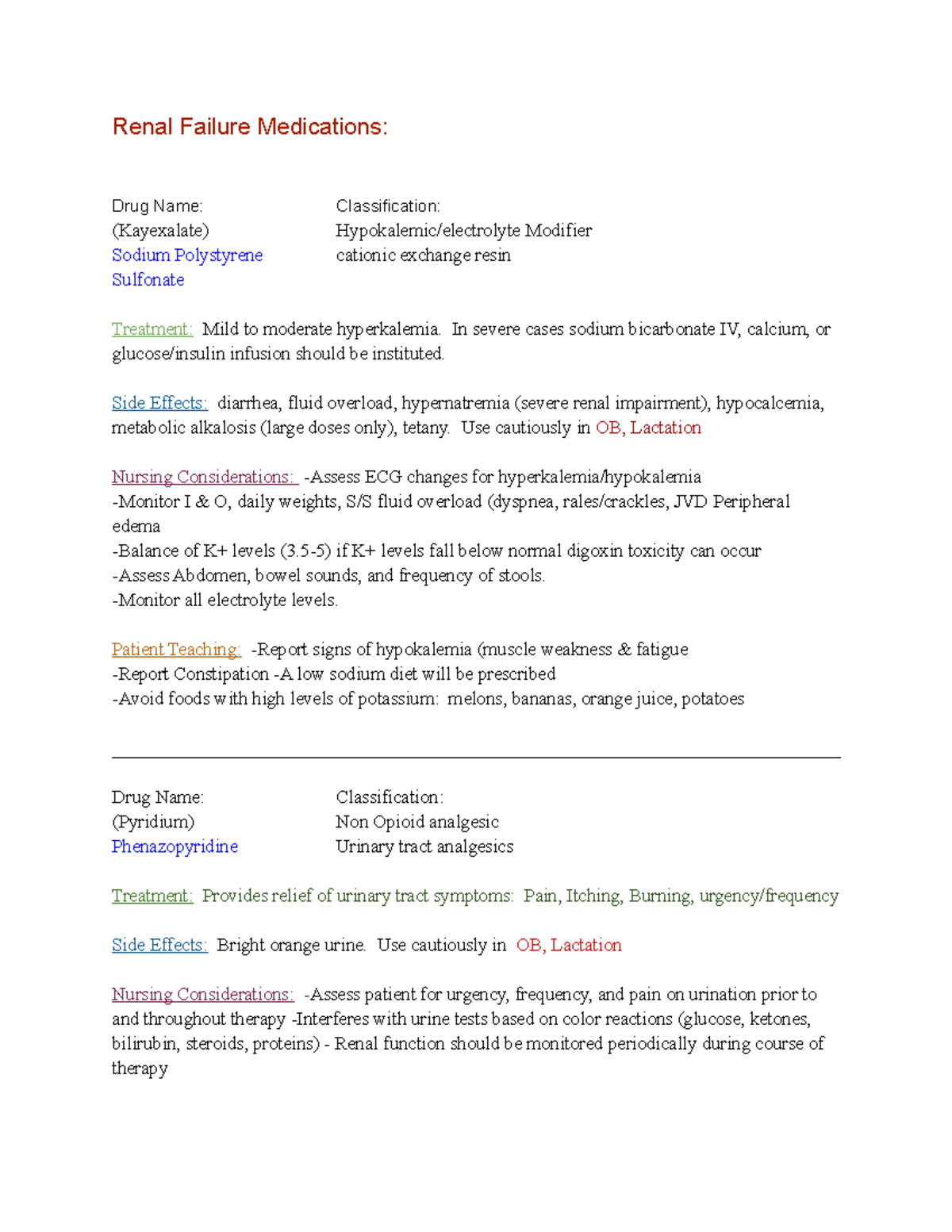 Renal Medications n/a Renal Failure Medications Drug Name