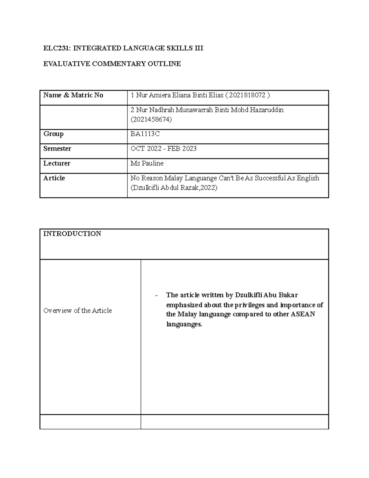 Evaluative Commentary Template Elc231 Integrated Language Skills Iii