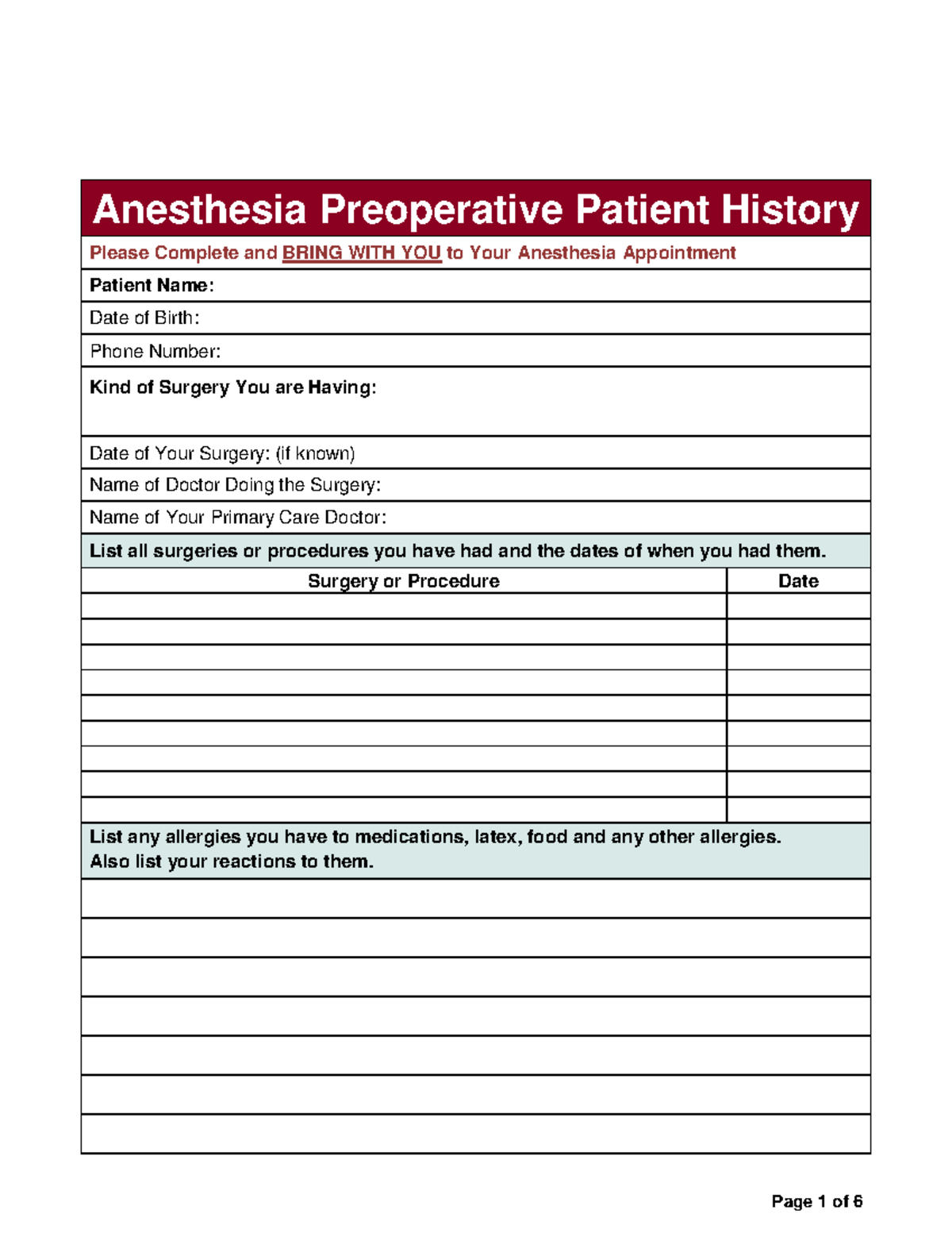 1.b. Anesthesia Pre-Op Patient History Form - Anesthesia Preoperative ...