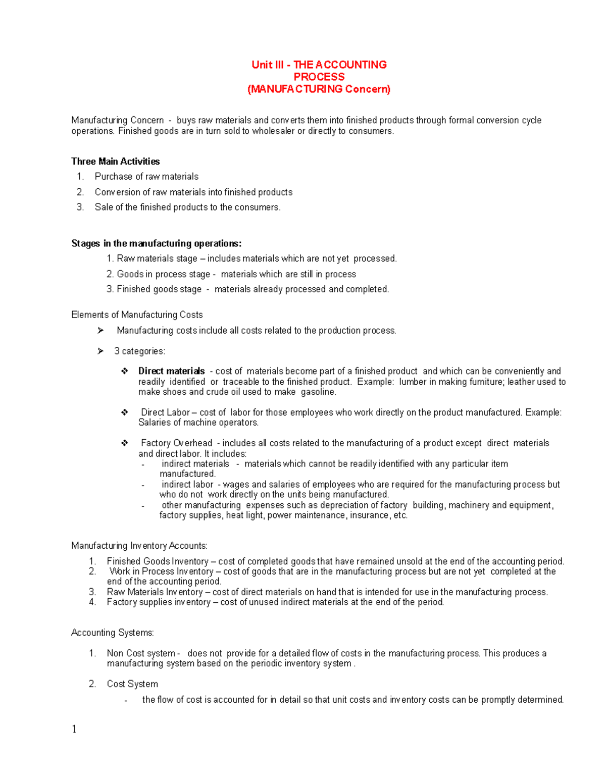 Unit III Manufacturing concern - Unit III - THE ACCOUNTING PROCESS ...