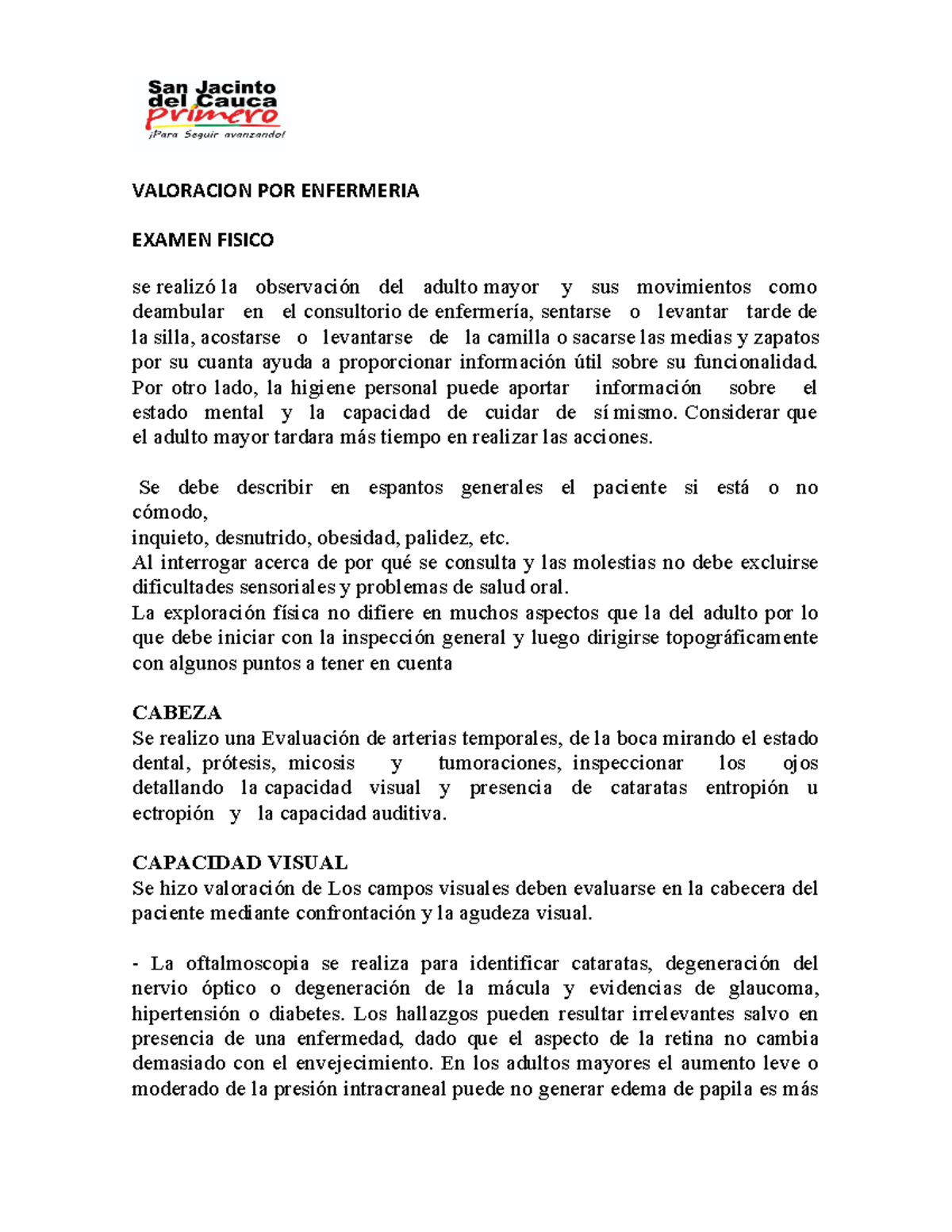 Informe Adulto Mayor General Valoracion Por Enfermeria Examen Fisico