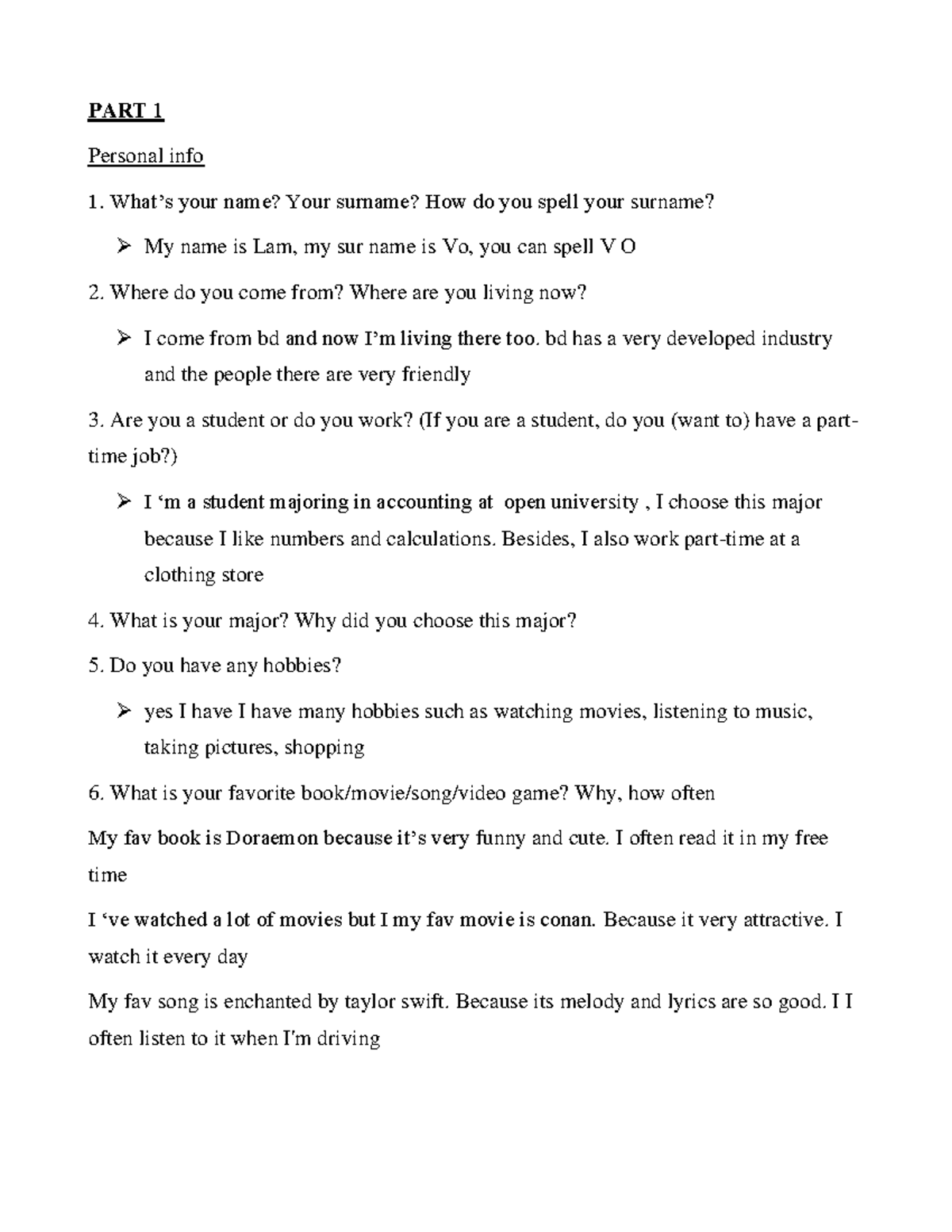 Speaking topics jioho PART 1 Personal info What’s your name? Your