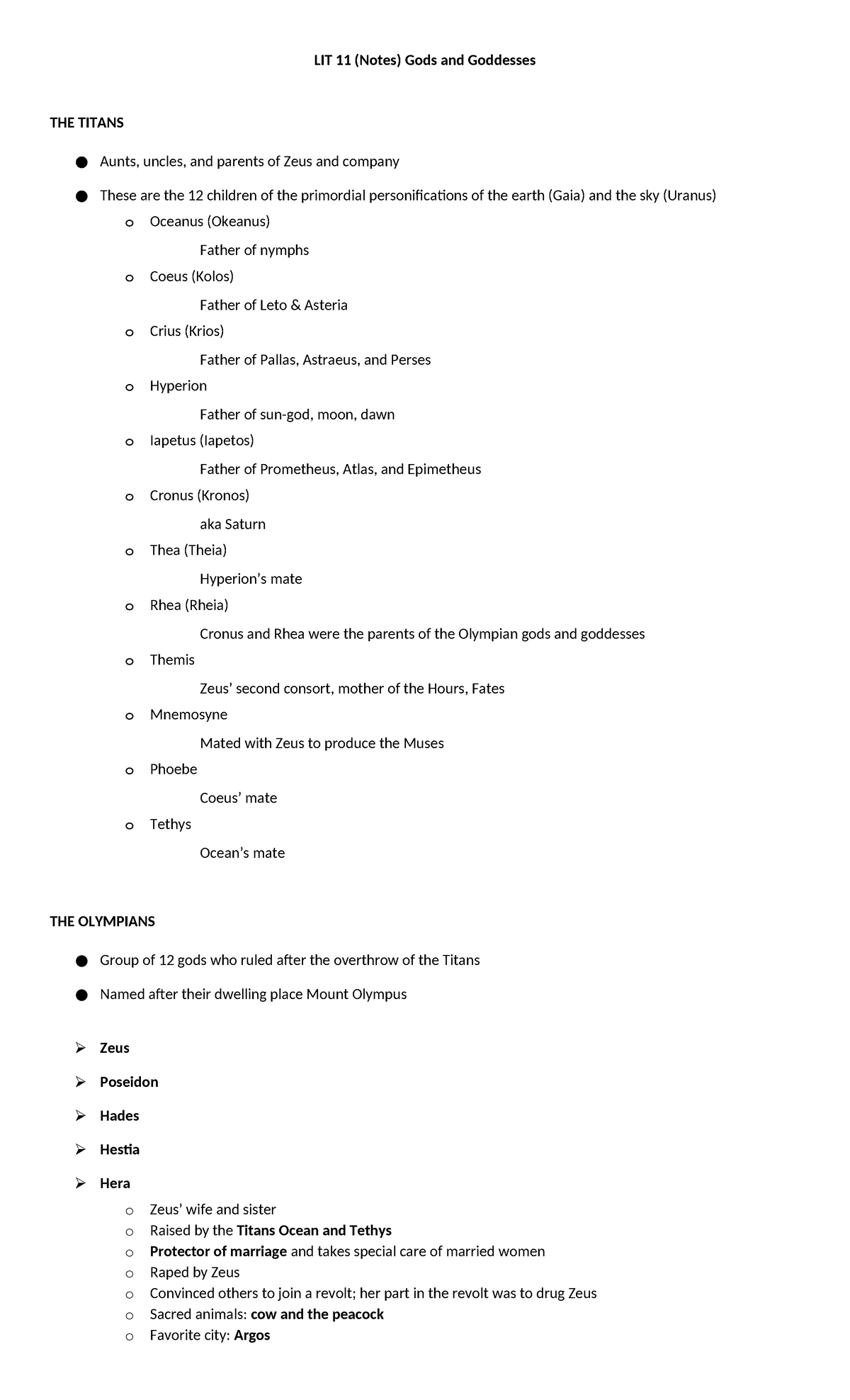 LIT 11 - Greek Gods and Goddesses - LIT 11 (Notes) Gods and Goddesses ...