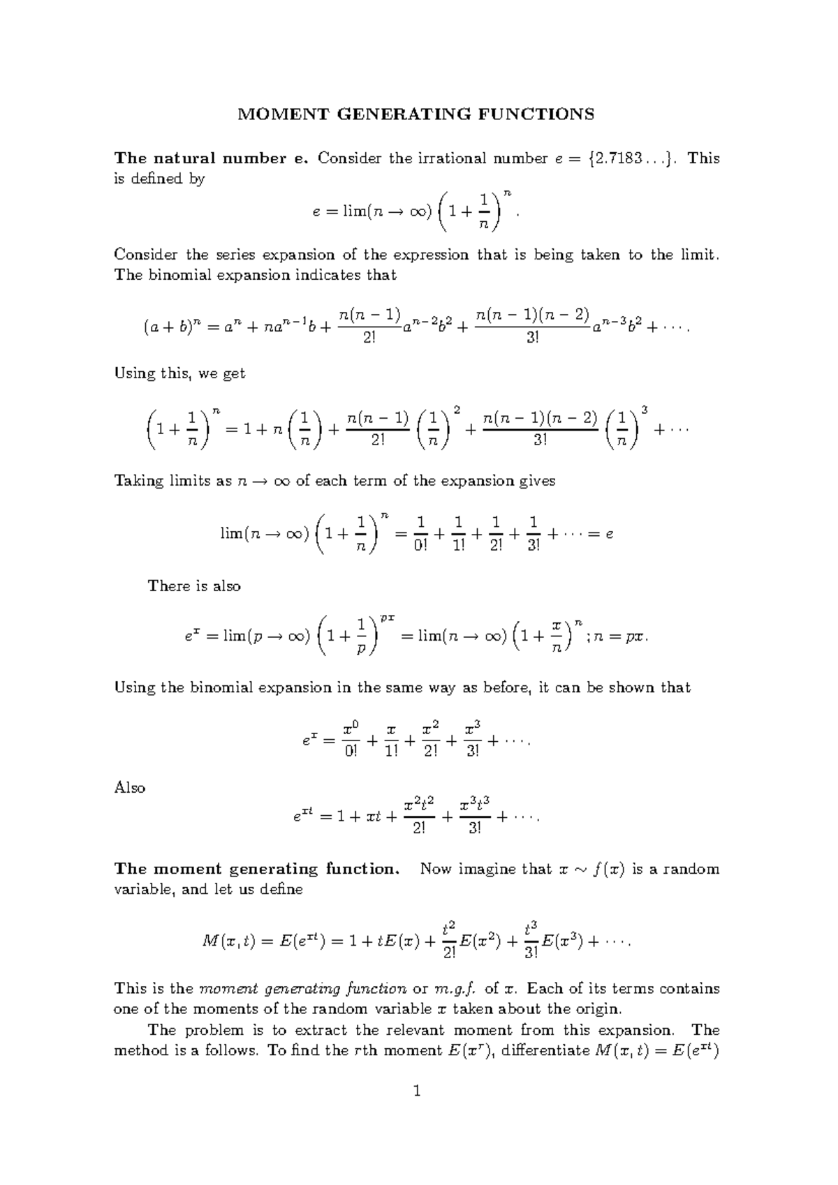 Moment Generating Functions - Lecture 5 - MOMENT GENERATING FUNCTIONS ...