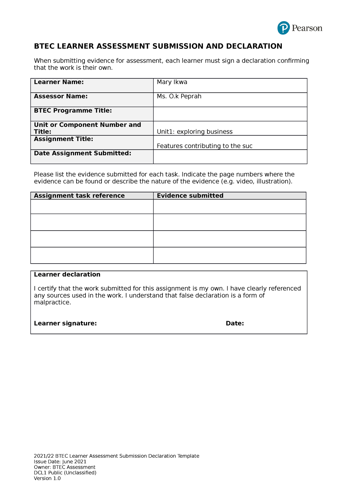 Btec learner assessment submission declaration template BTEC LEARNER