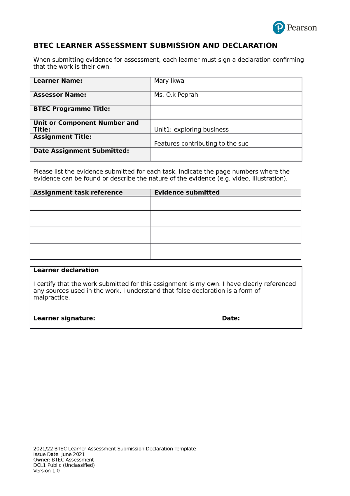 Btec Learner Assessment Submission Declaration Template BTEC LEARNER 