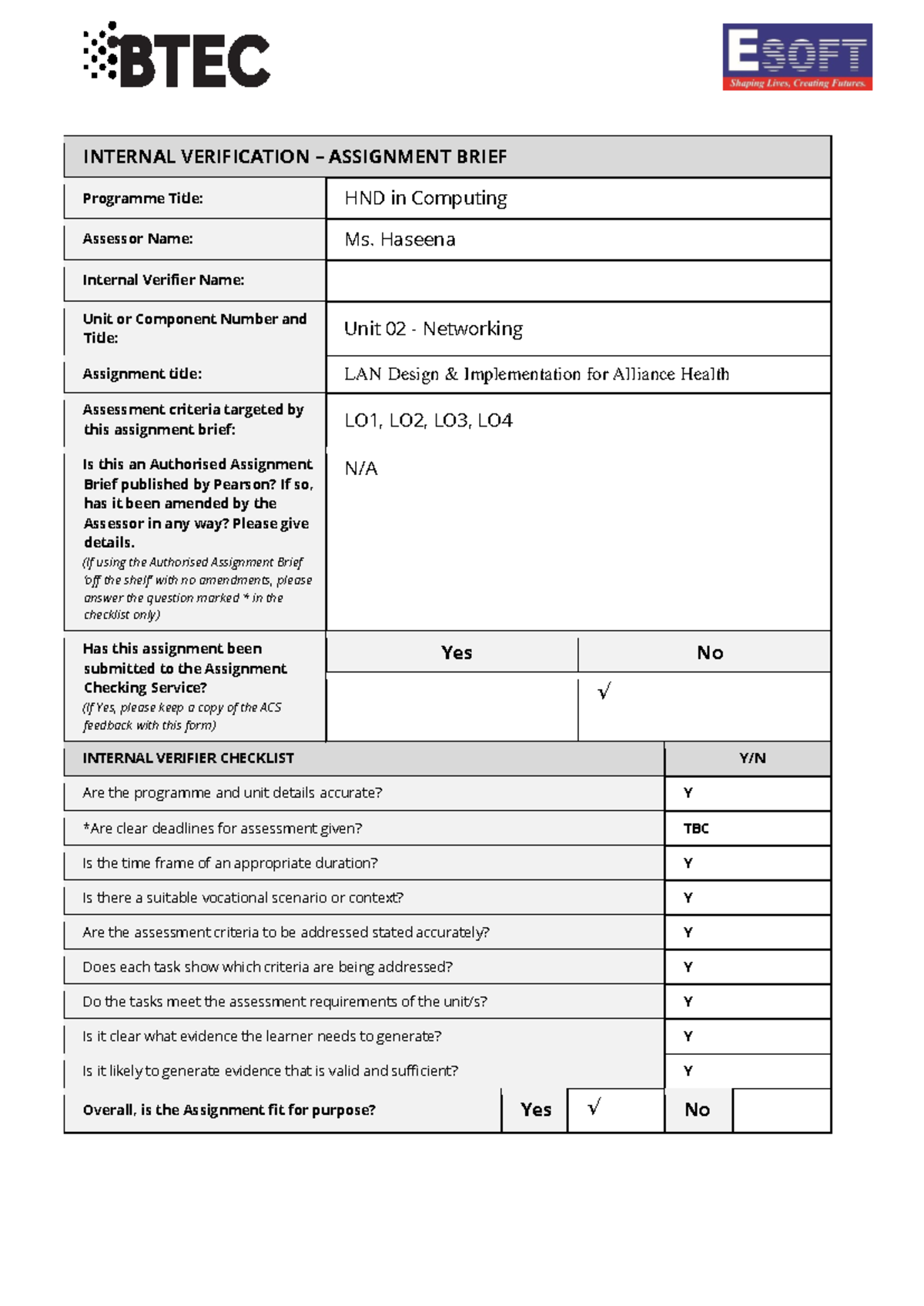 Unit 02 Networking-E.A - INTERNAL VERIFICATION – ASSIGNMENT BRIEF ...