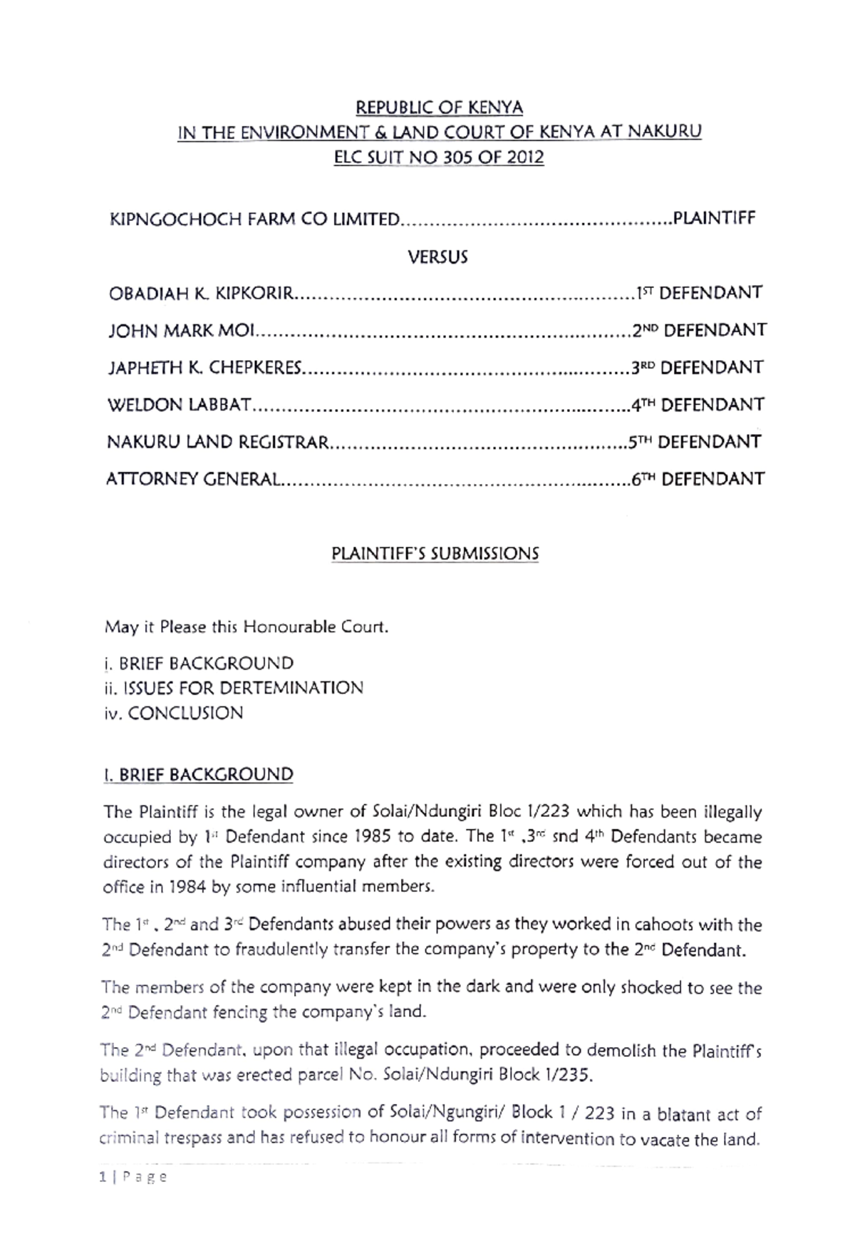 Plaintiff'S Submissions Dated 1ST March,2023 - REPUBLIC OF KENYA IN THE ...