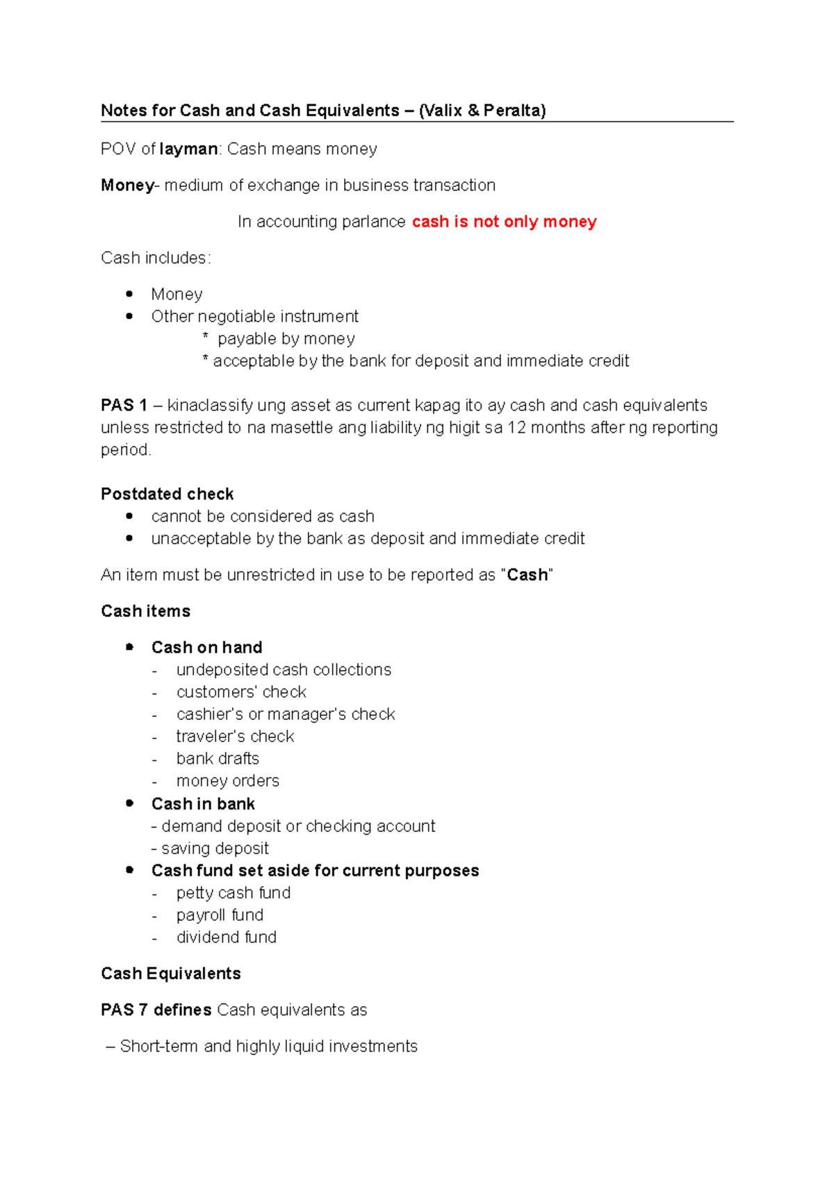 Notes for Cash and Cash Equivalents - Postdated check cannot be ...