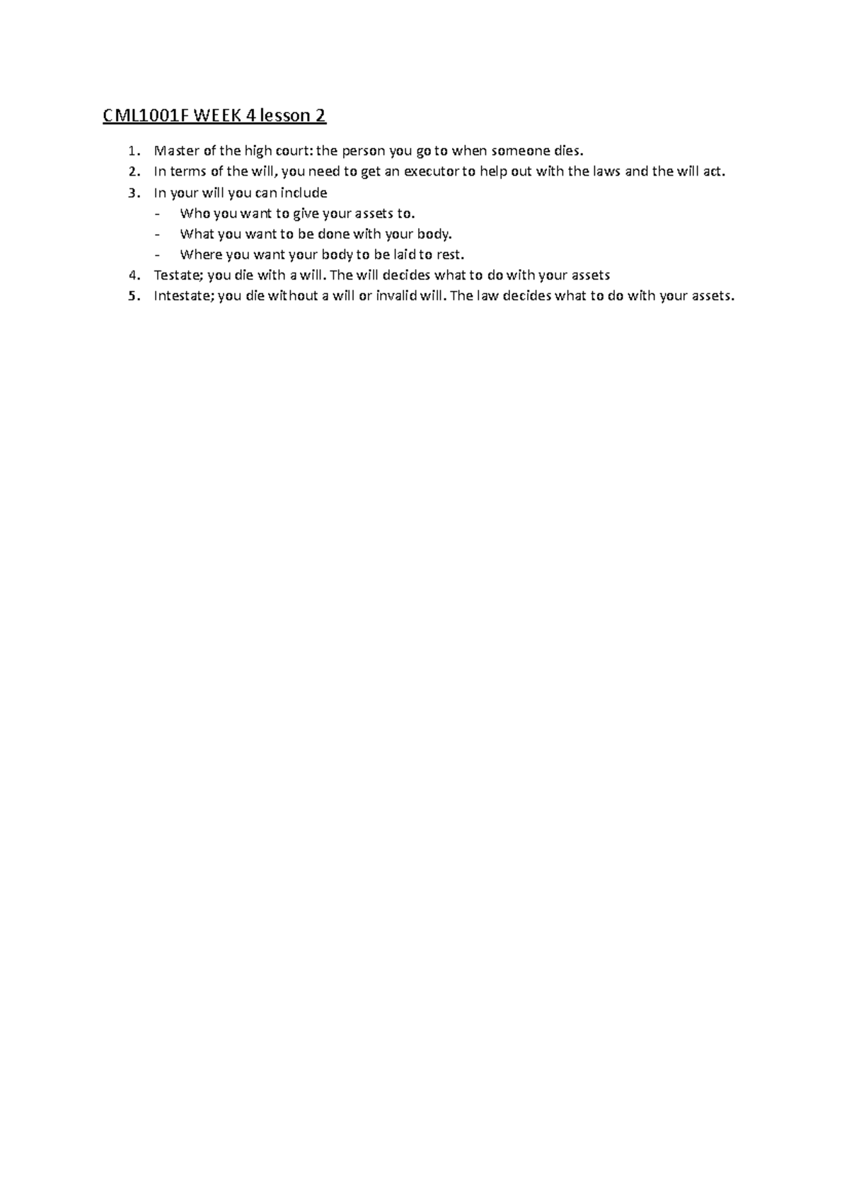 CML1001F Week 4 - Lecture notes on week 4 content done in the lectures ...