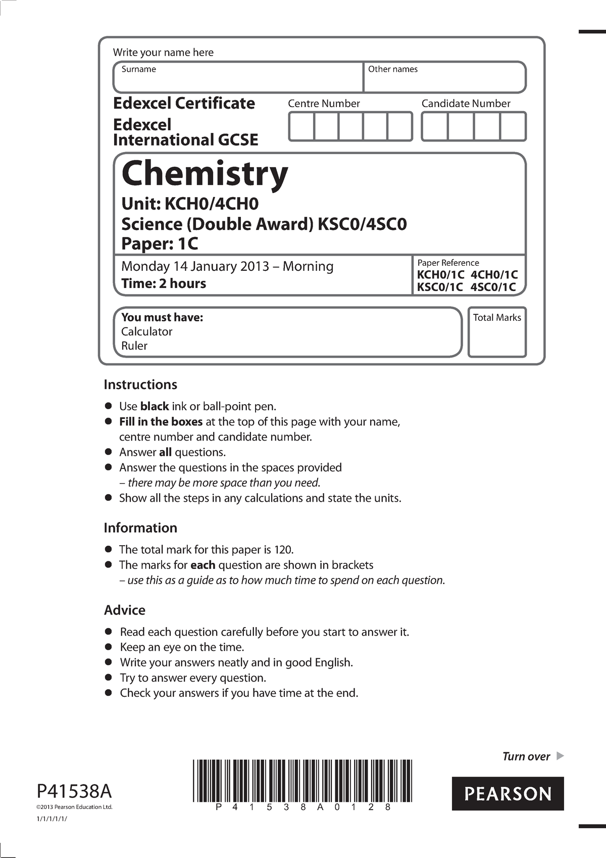 4CH0 1C que 2013 0114 - chemistry past paper for edexcel igcse ...