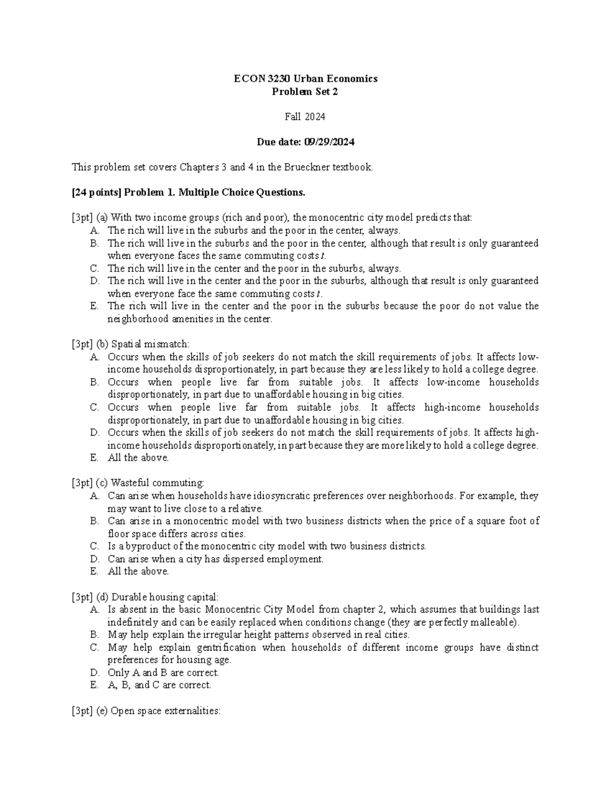 Ec3230-ps2 - PS #2 - ECON 3230 Urban Economics Problem Set 2 Fall 2024 ...