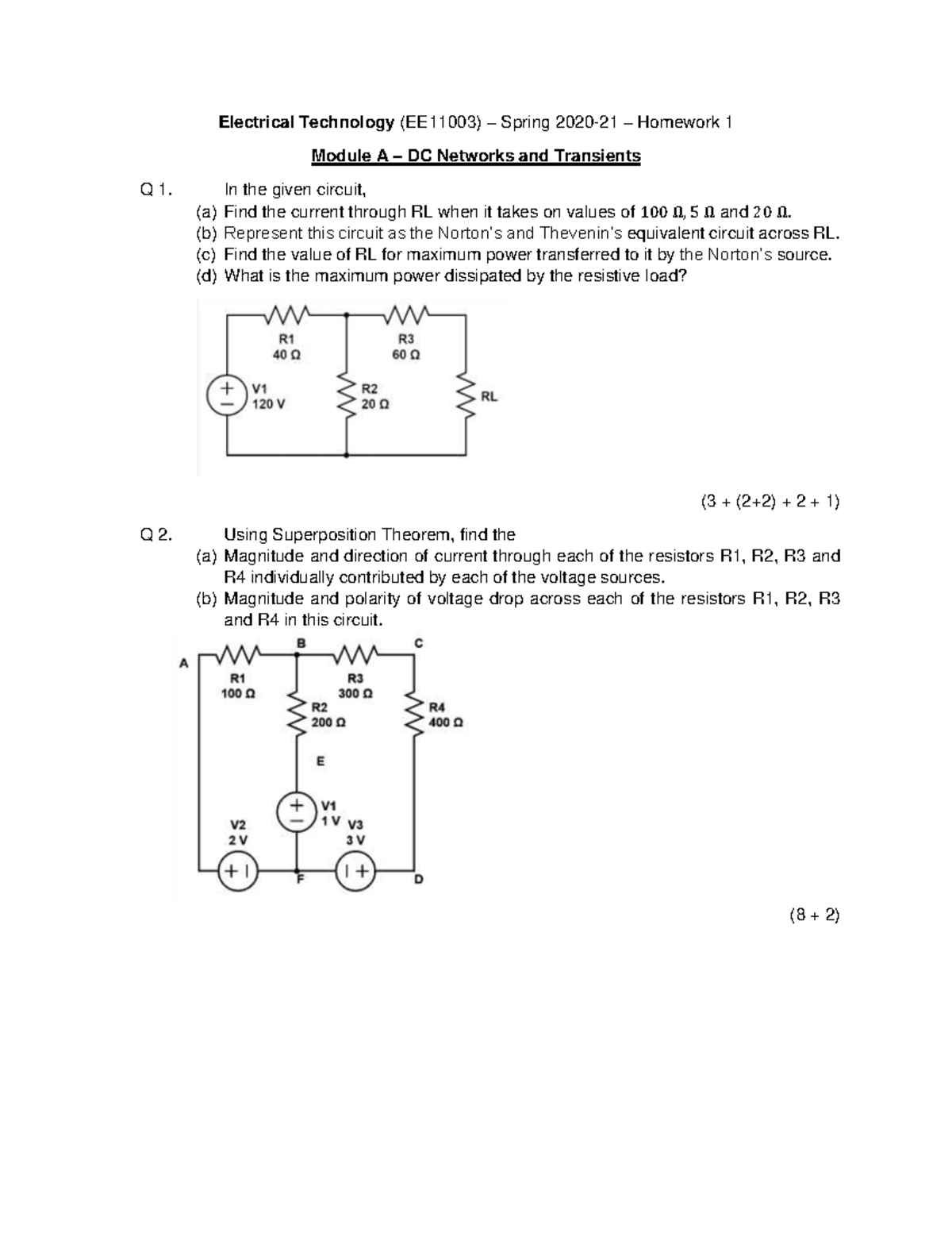 Homework 1 (Questions) - Electrical Technology (EE11003) – Spring 2020 ...