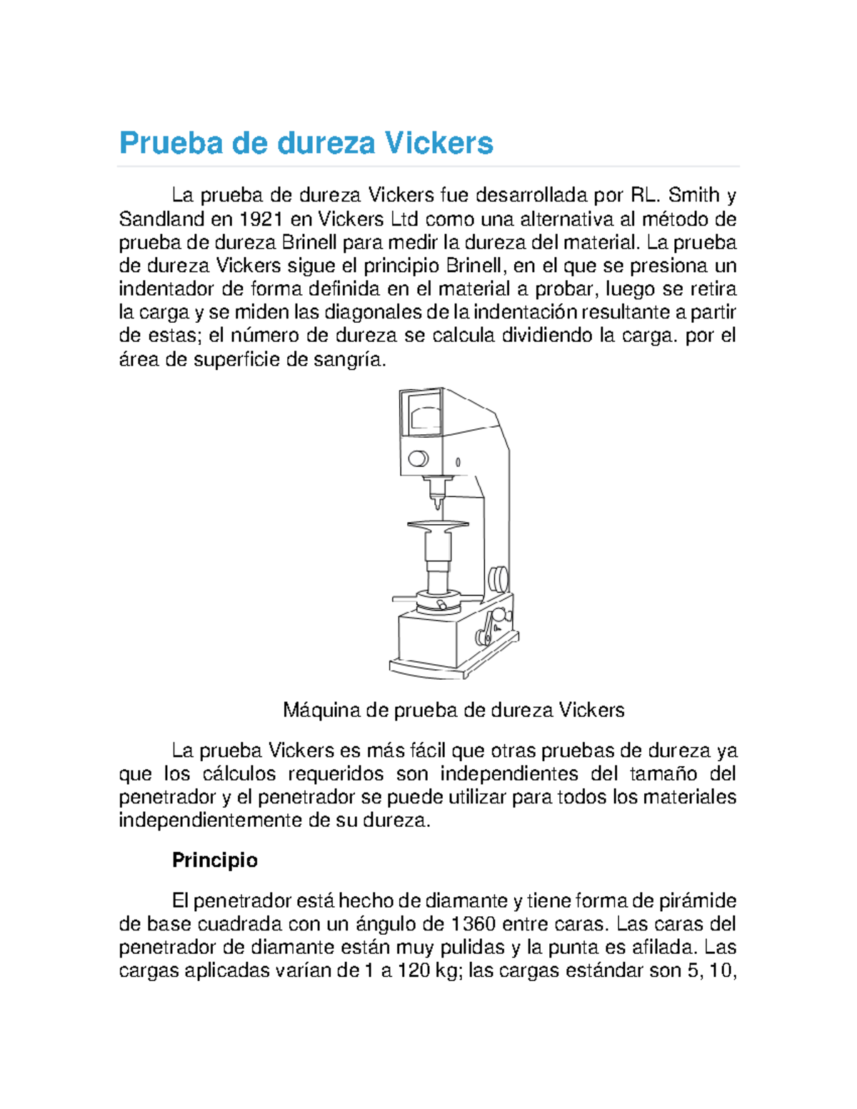 Prueba de dureza Vickers - Smith y Sandland en 1921 en Vickers Ltd como ...
