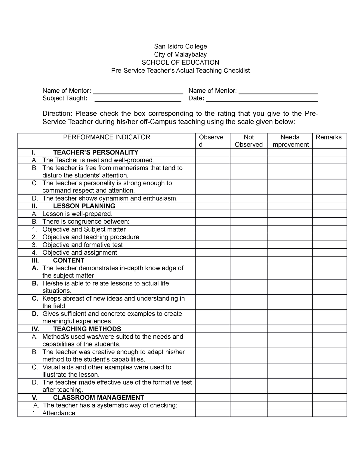 Checklist - n/a - San Isidro College City of Malaybalay SCHOOL OF ...