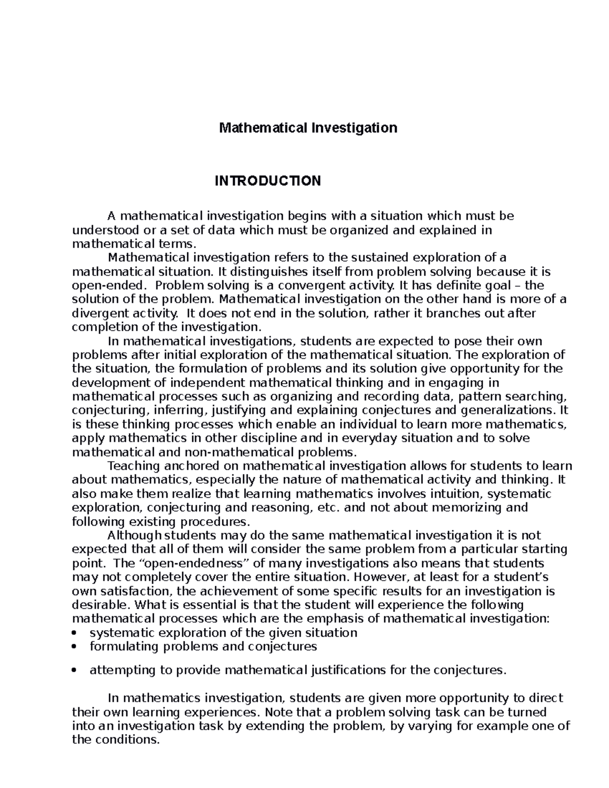 problem solving and mathematical investigation