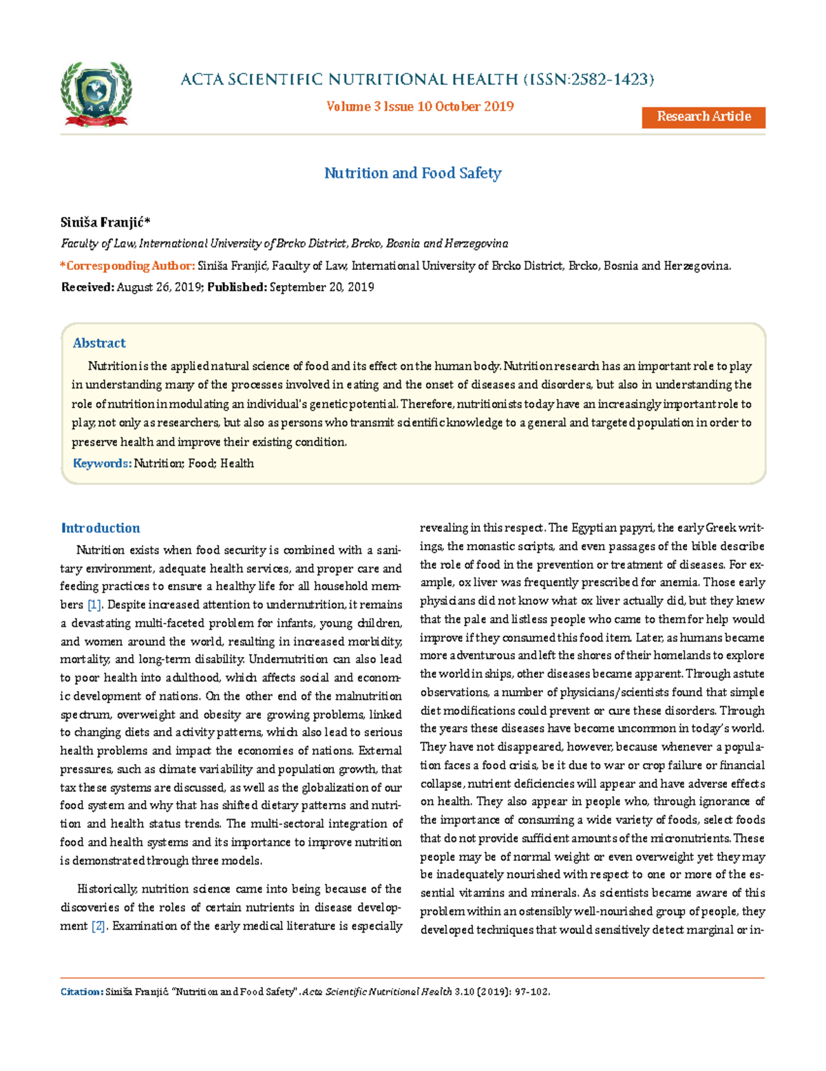 Nutrition and Food Safety  ACTA SCIENTIFIC NUTRITIONAL HEALTH (ISSN