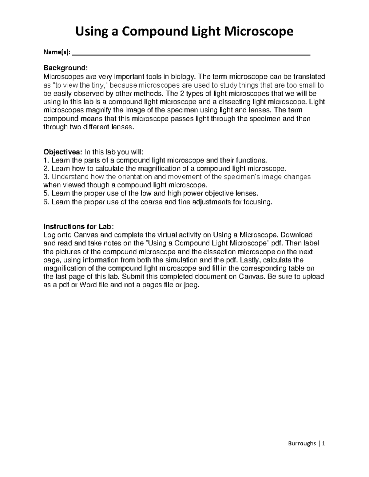 Microscope Lab Online (1) - Using a Compound Light Microscope Burroughs ...