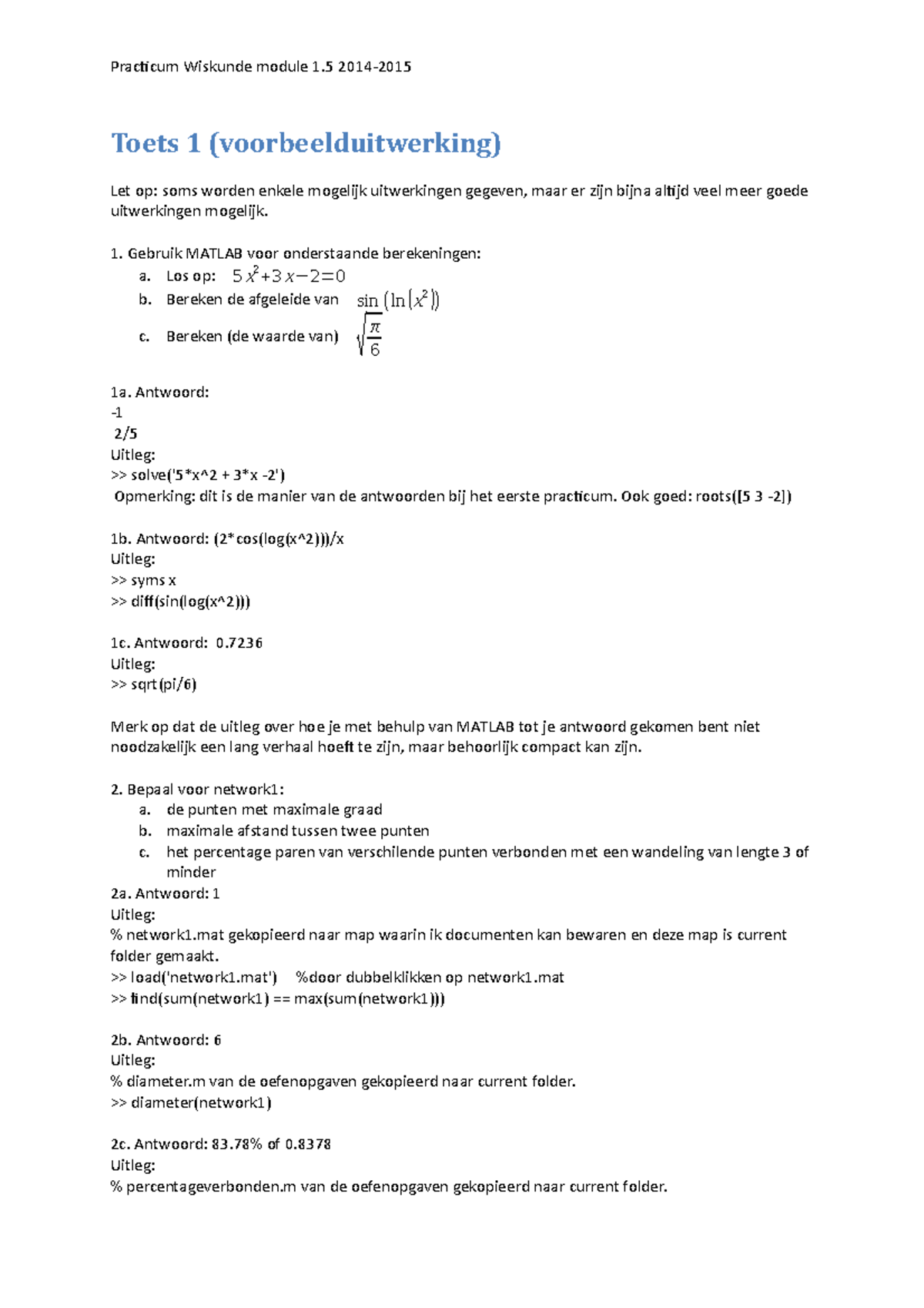 Proef/oefen Tentamen 2015, Vragen En Antwoorden - Practicum Wiskunde ...