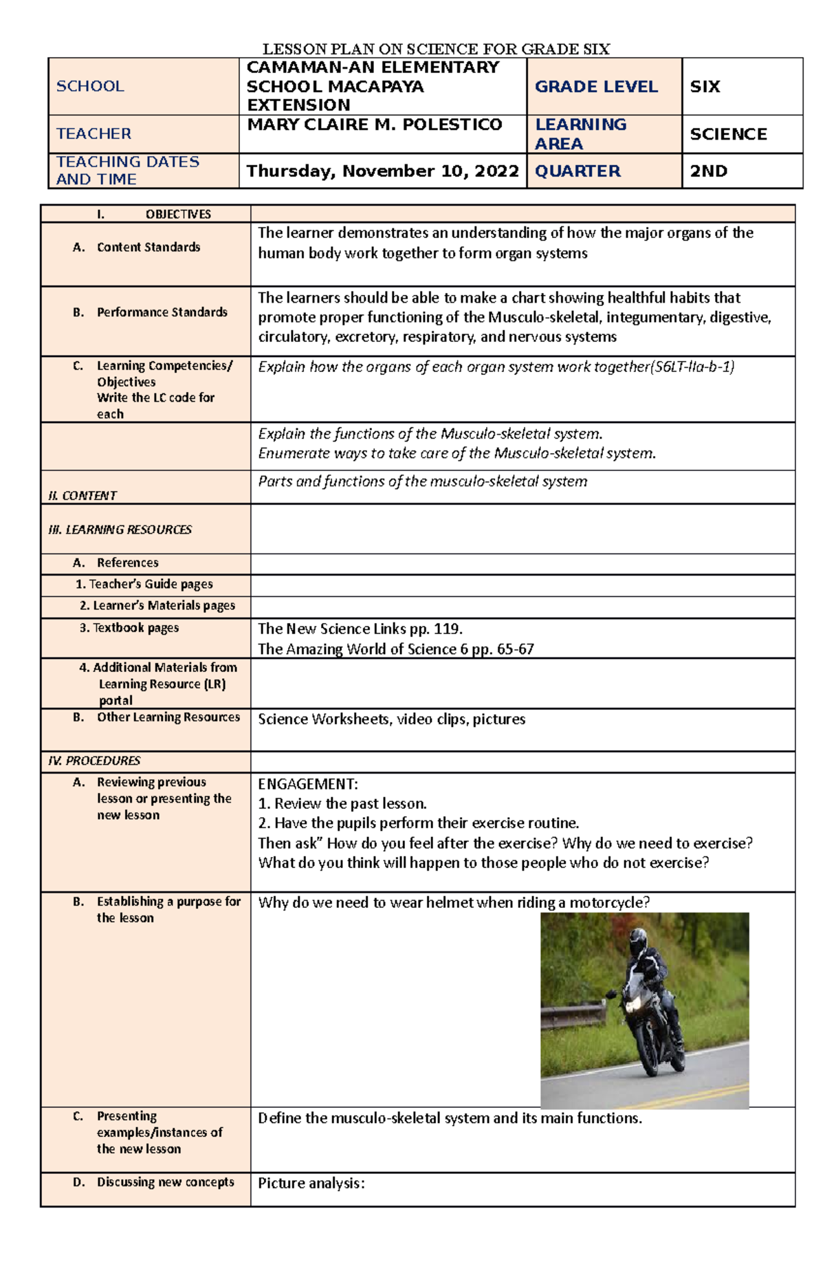 Lesson PLAN Science 6 Musculo-Skeletal System - LESSON PLAN ON SCIENCE ...