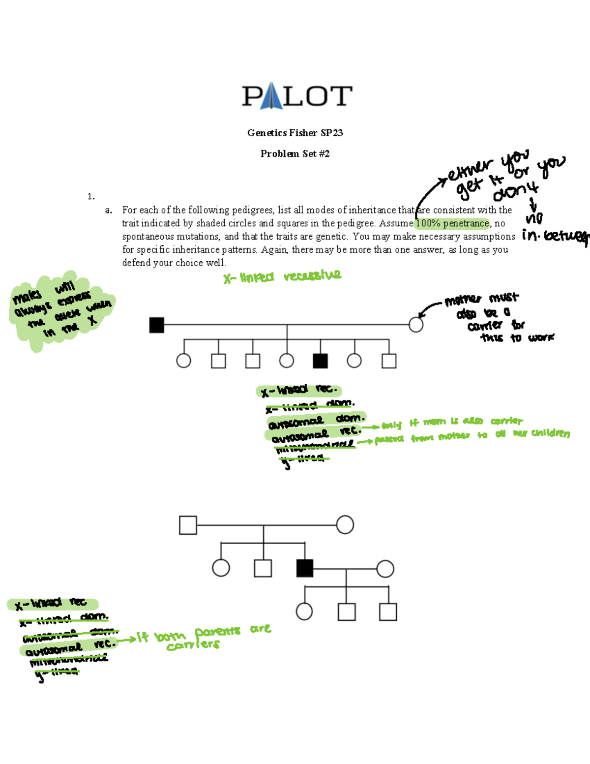 Week 2 - pilot work - Genetics Fisher SP Problem Set 1. a. For each of ...