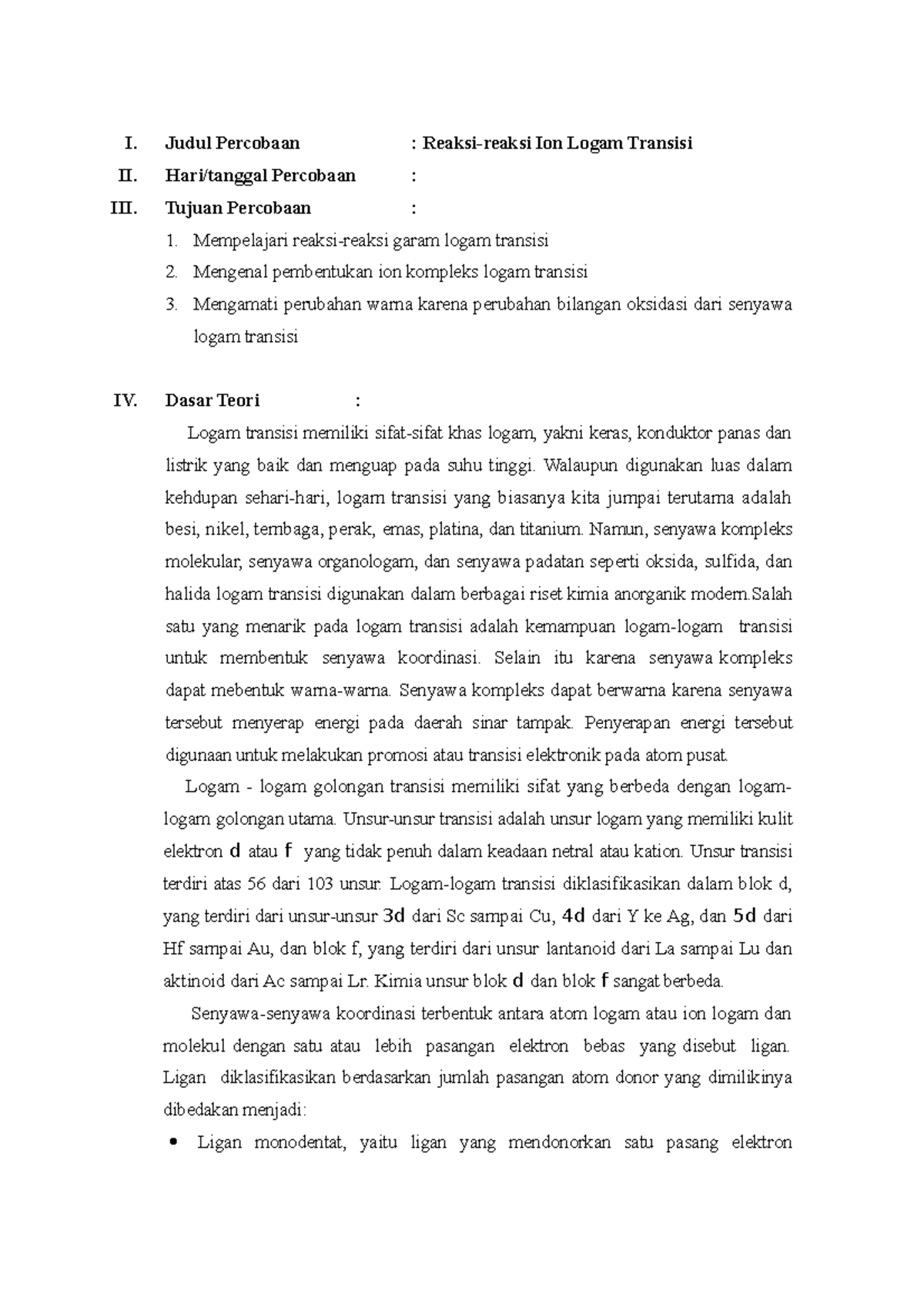 Laporan Reaksi-reaksi Ion Transisi - I. Judul Percobaan : Reaksi-reaksi ...