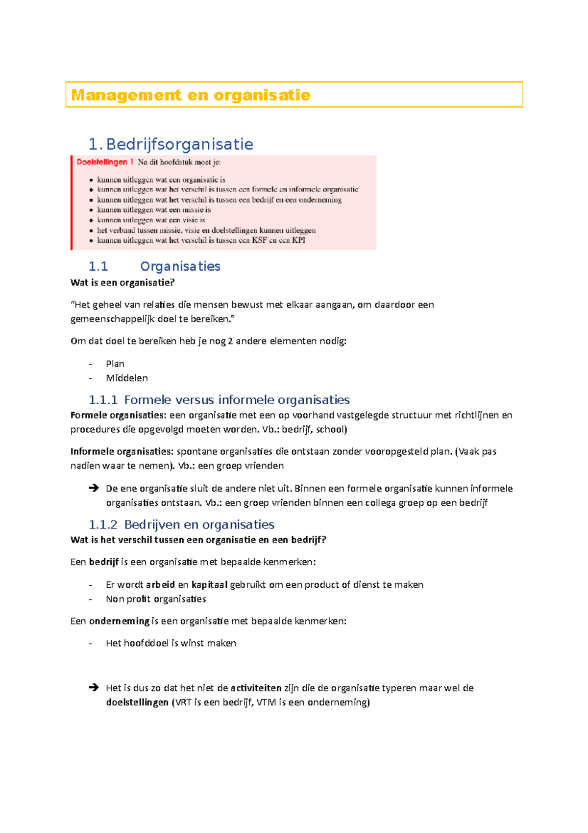 Samenvatting Semster 1 - Management En Organisatie 1 ...