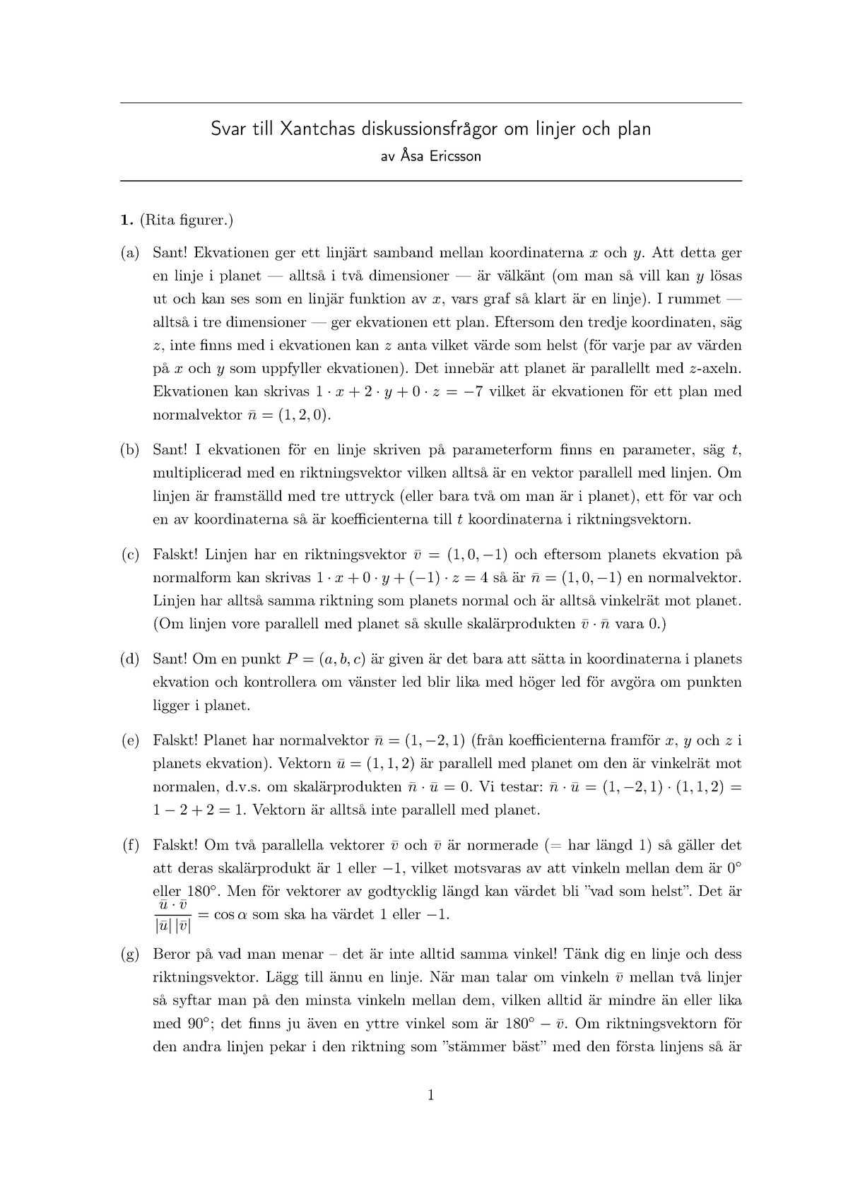 Lecture Notes, Lecture Svar Till Xantchas Diskussion - Vektorgeometri ...