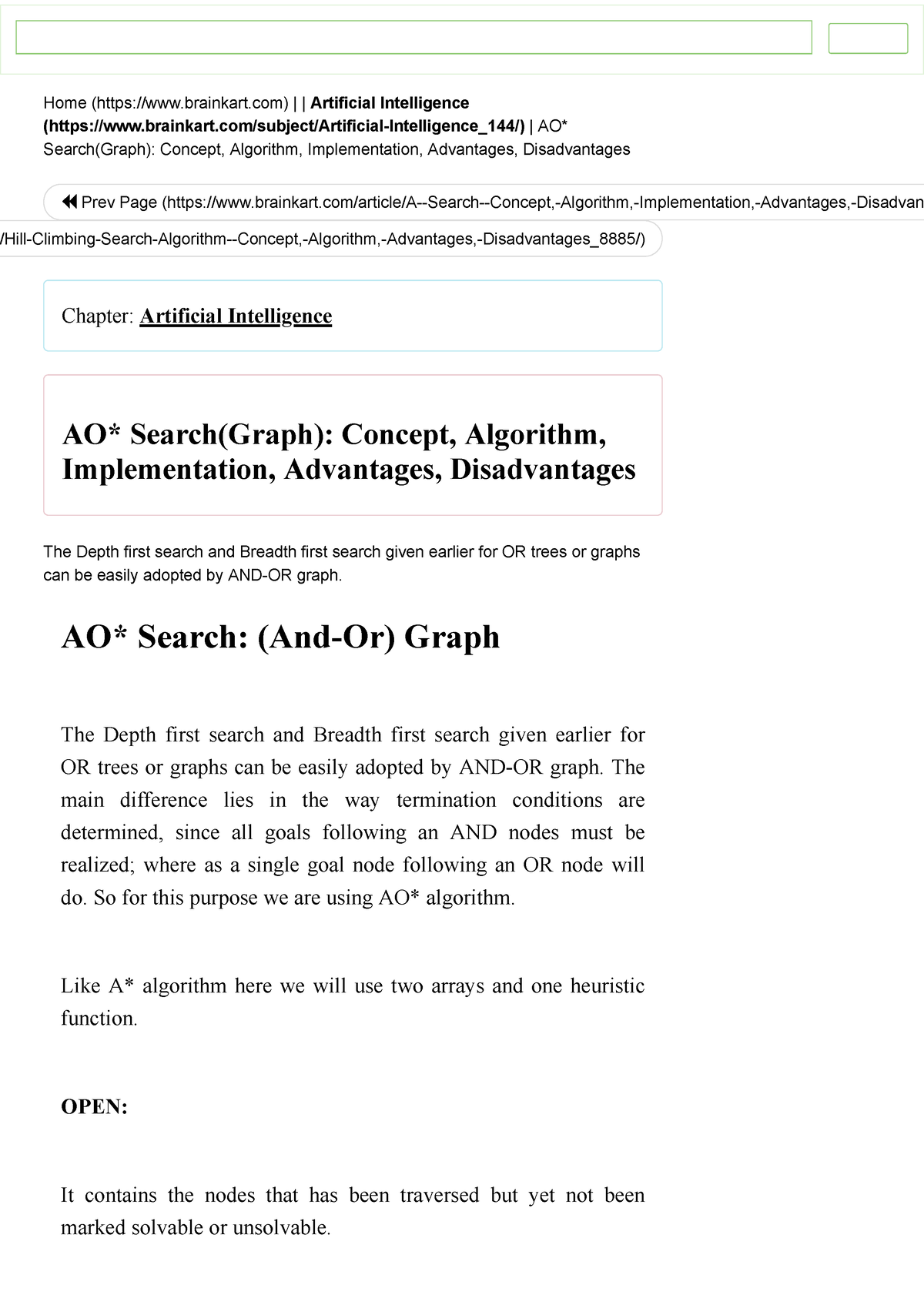 AO Search(Graph) Concept, Algorithm, Implementation, Advantages