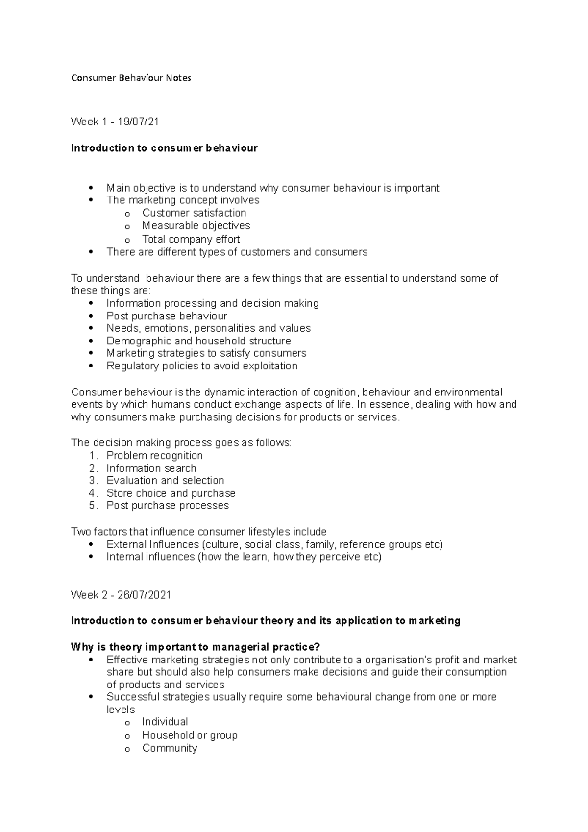 CB Notes 1 - Consumer Behaviour Notes Week 1 - 19/07/ Introduction to ...