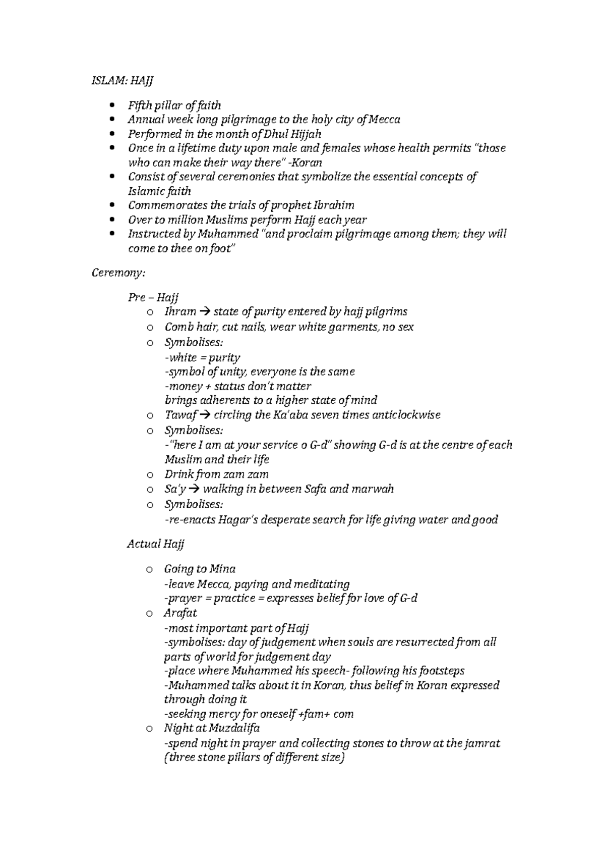 Hajj Notes - Grade: A+ - ISLAM: HAJJ Fifth pillar of faith Annual week ...