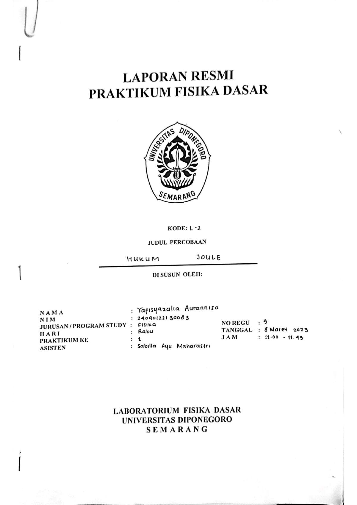 Aya L2 Hukum Joule-1 - praktikum fisika - Engineering, Mechanical ...