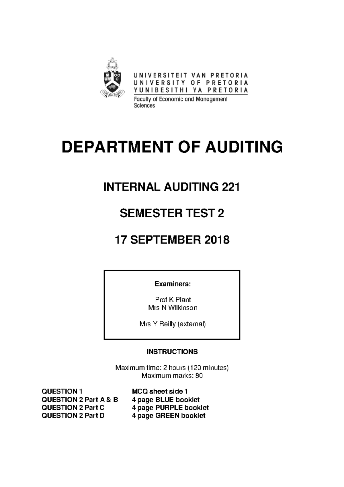 Exam 20 August 2018, Questions - DEPARTMENT OF AUDITING INTERNAL ...