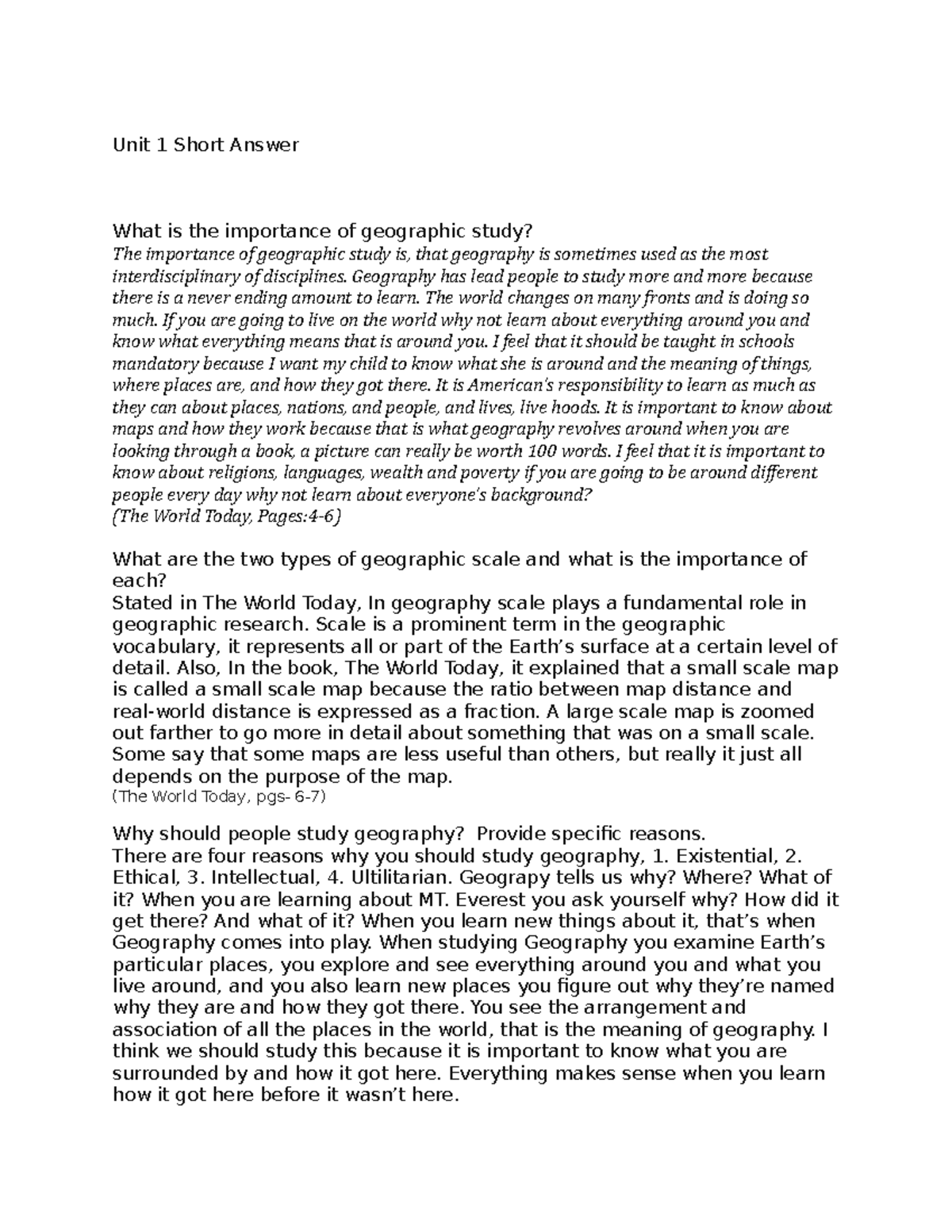 Unit 1 Short Answer Geography Unit 1 Short Answer What is the