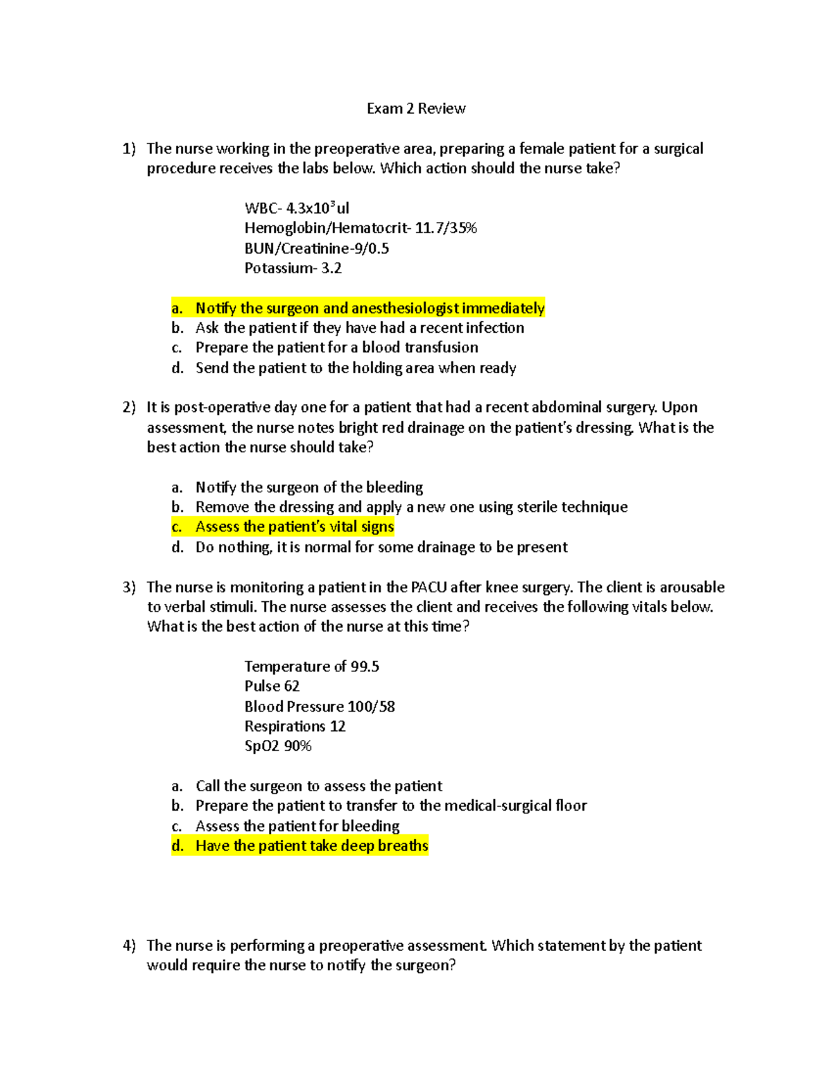 Exam 2 Review Key - Exam 2 Review The nurse working in the preoperative ...