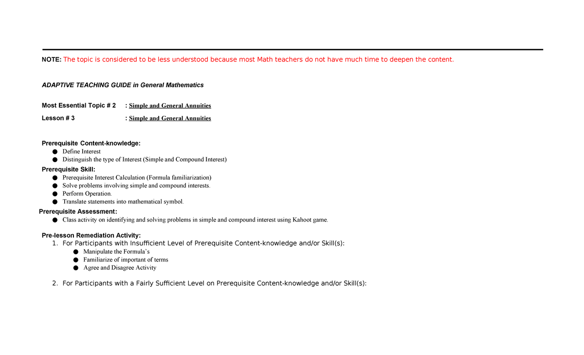 ATG Template for General Math - NOTE: The topic is considered to be ...