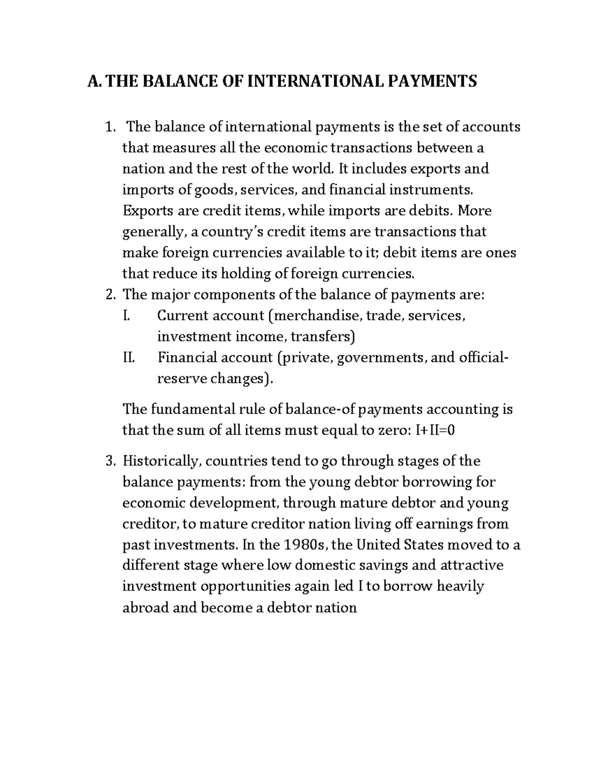 The Balance Of International Payments Summary - A. THE BALANCE OF ...