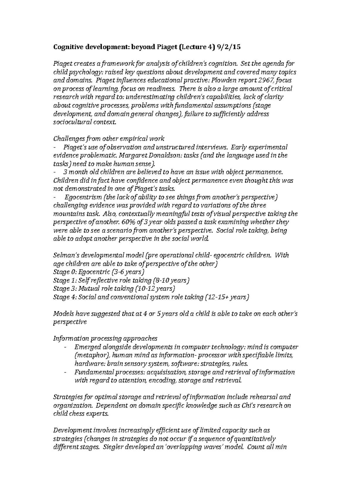 Childhood 4 - Lecture notes 4 - Cognitive development: beyond Piaget ...