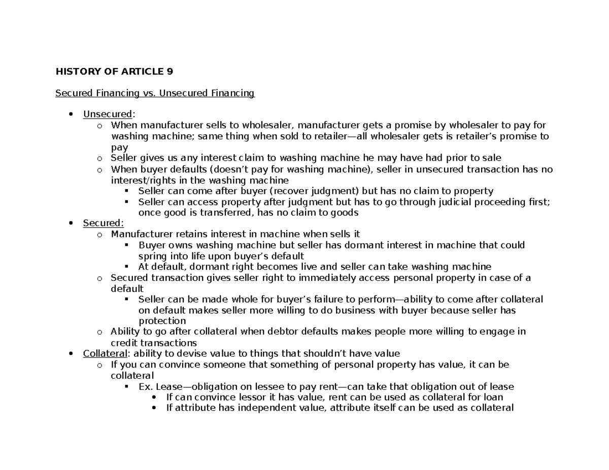 Secured Transactions Outline HISTORY OF ARTICLE 9 Secured Financing