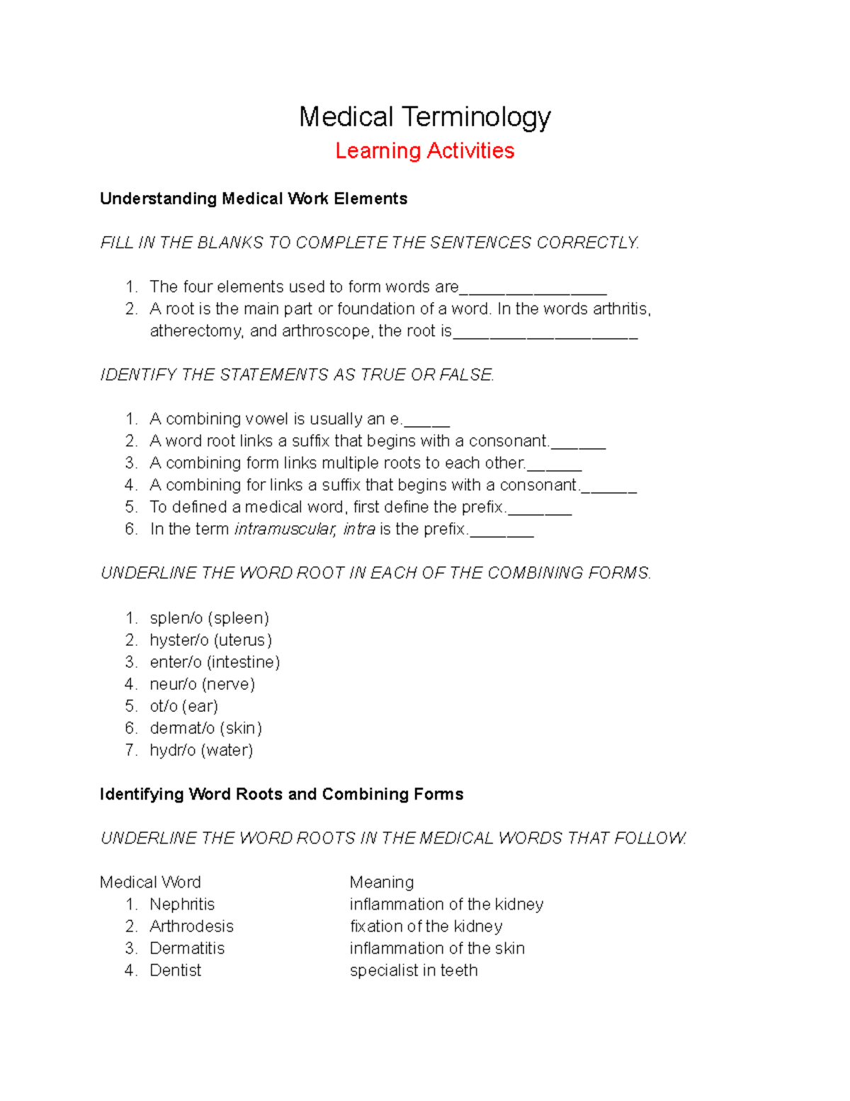 Medical Terminology pt. 1 - Medical Terminology Learning Activities ...