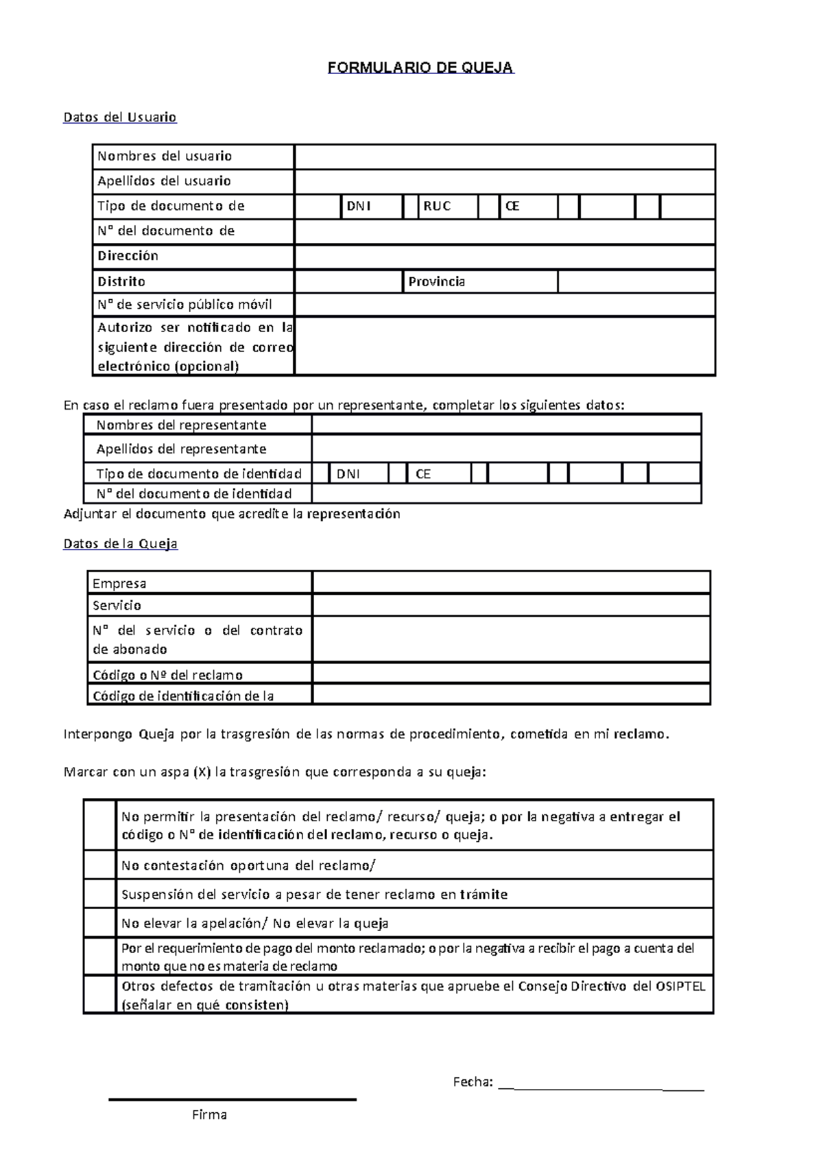 Formulario de Recurso de queja - FORMULARIO DE QUEJA Datos del Usuario ...