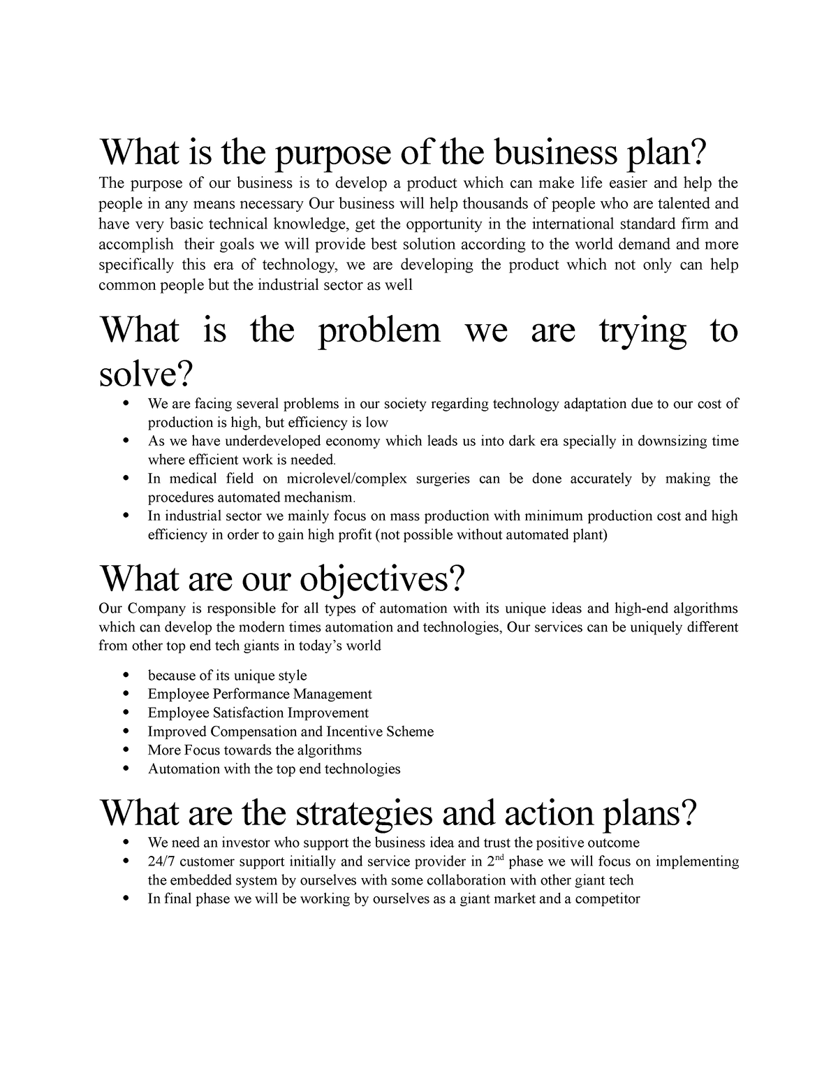 what is the purpose of a business plan brainly