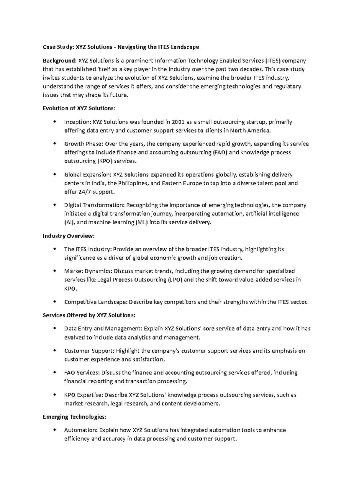 Case study 1 - SGDSGS - Case Study: XYZ Solutions - Navigating the ITES ...