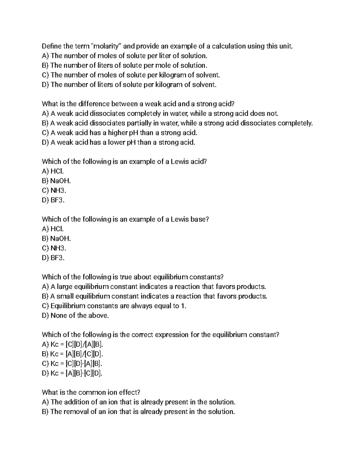 CHEM 102 final exam practice 5 - Define the term “molarity” and provide ...