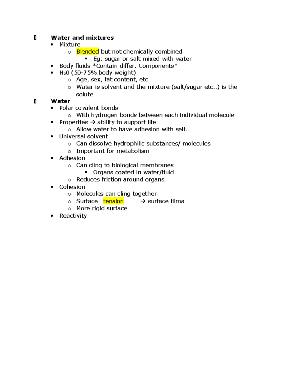 Water and mixtures - Lecture notes - Water and mixtures Mixture o ...