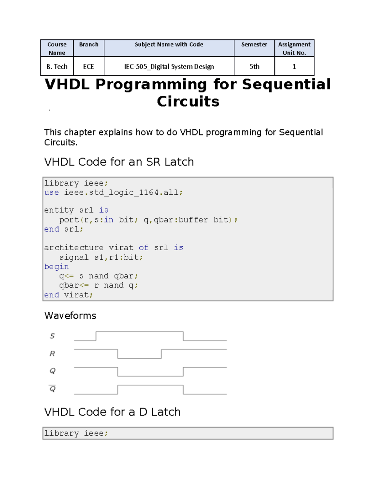 Notes Unit 2 - GOOD - VHDL Programming For Sequential Circuits This ...