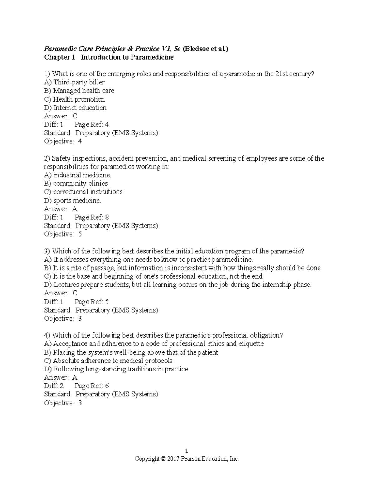 Paramedic Prep Chapter 1 exam answers - Paramedic Care Principles &  Practice V1, 5e (Bledsoe et - Studocu