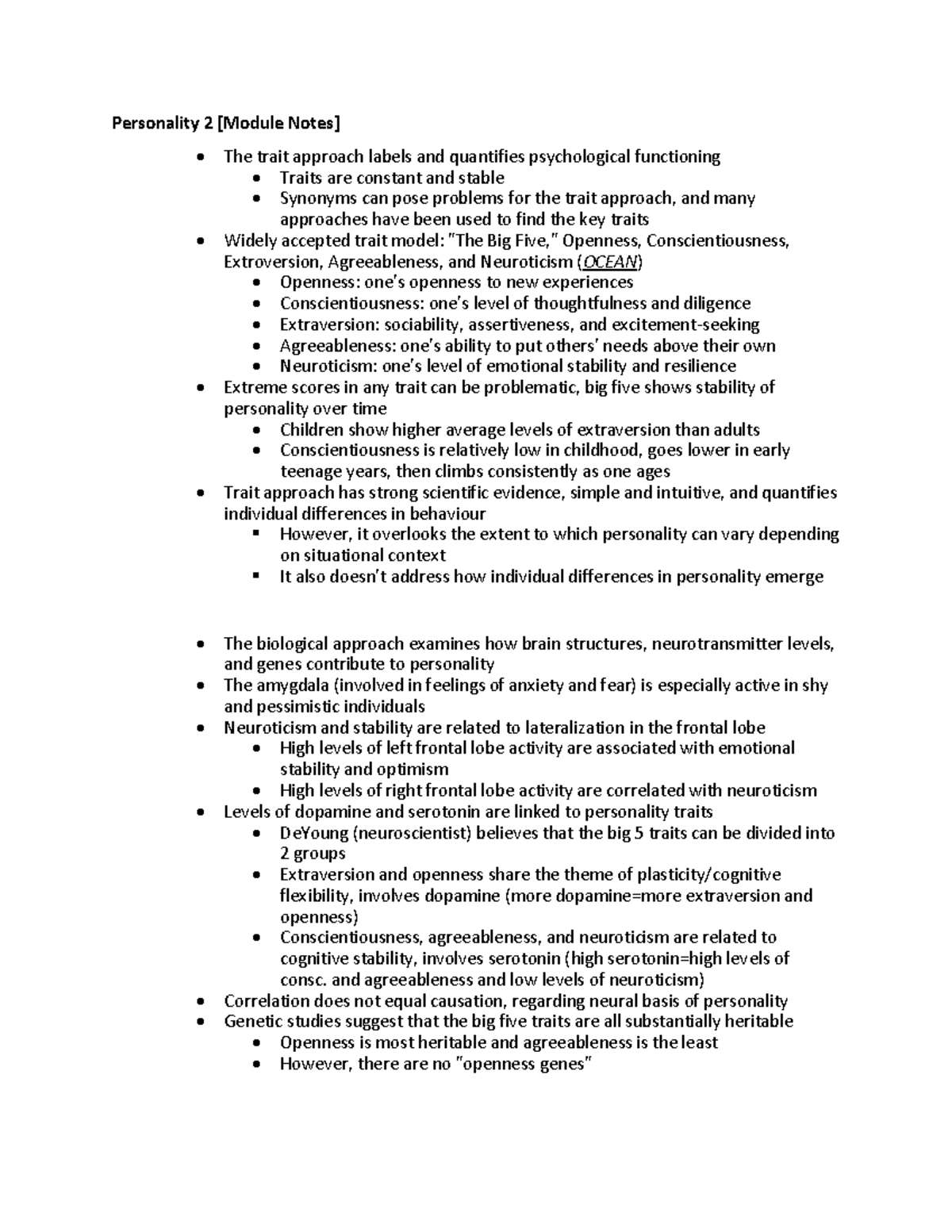 Personality 2 Notes - Personality 2 [Module Notes] The trait approach ...